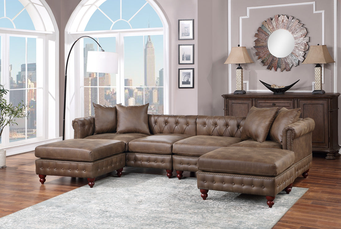 Dark Coffee 4Pc Sectional Set 2X Reversible Loveseat Chaise And 2X Ottomans Tufted Couch Pillows Dark Coffee Faux Leather Wood Primary Living Space Tight Back Contemporary,Luxury,Traditional U