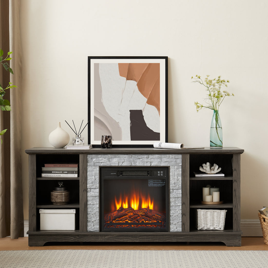 Mantel Electric Fireplace Stone Tv Media Stand With With Faux Stacked Stone Surround, Modern Entertainment Console With Open Storage Space,Grey, 58.31"W*15.39"D*26.06"H Grey 60 69 Inches Mdf