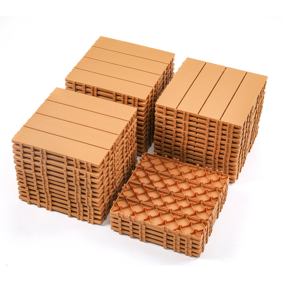 Plastic Interlocking Deck Tiles, 44 Pack Terrace Deck Tiles, 12 "X12" Square Waterproof Outdoor All Weather Use, Pool Balcony Backyard Terrace Deck Tiles, Original Wood Color Burly Wood Polypropylene