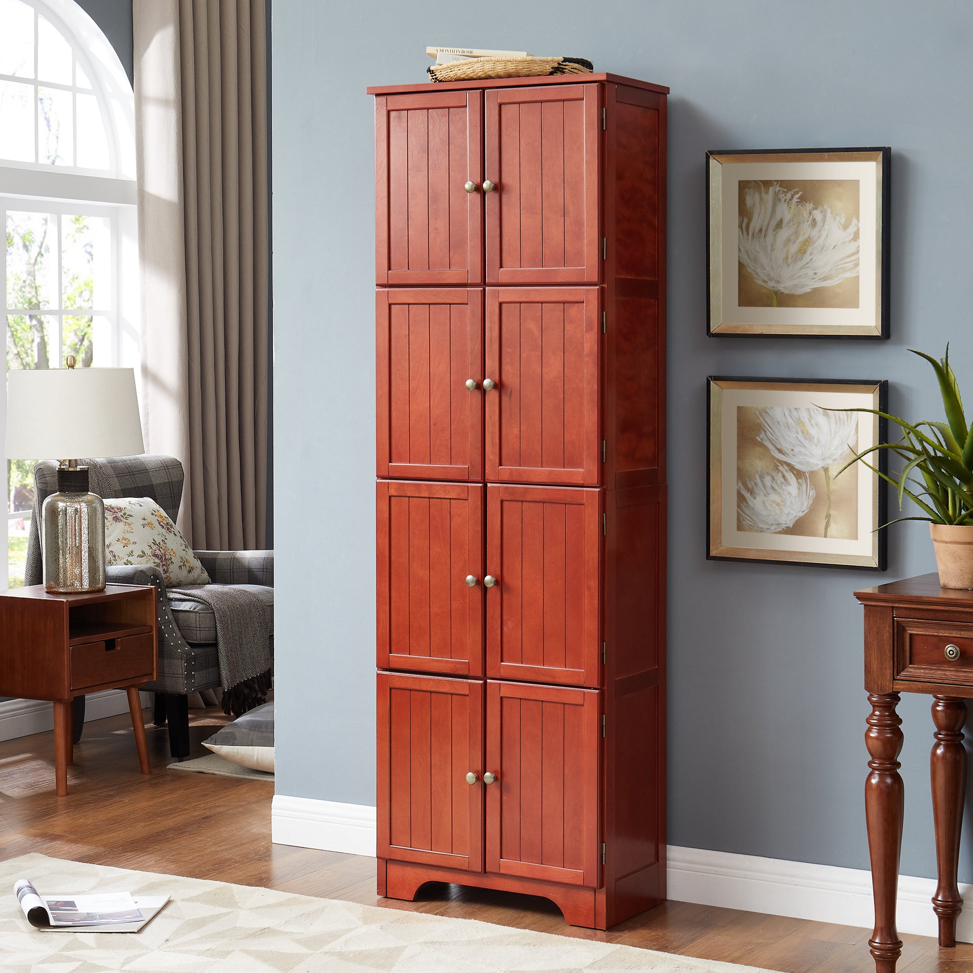 72.4" Tall Storage Cabinet Tall Storage Cabinet With 8 Doors And 4 Shelves ,Bookshelf Living Room, Kitchen, Dining Room, Office Freestanding Storage Cabinet,Cherry Cherry Mdf