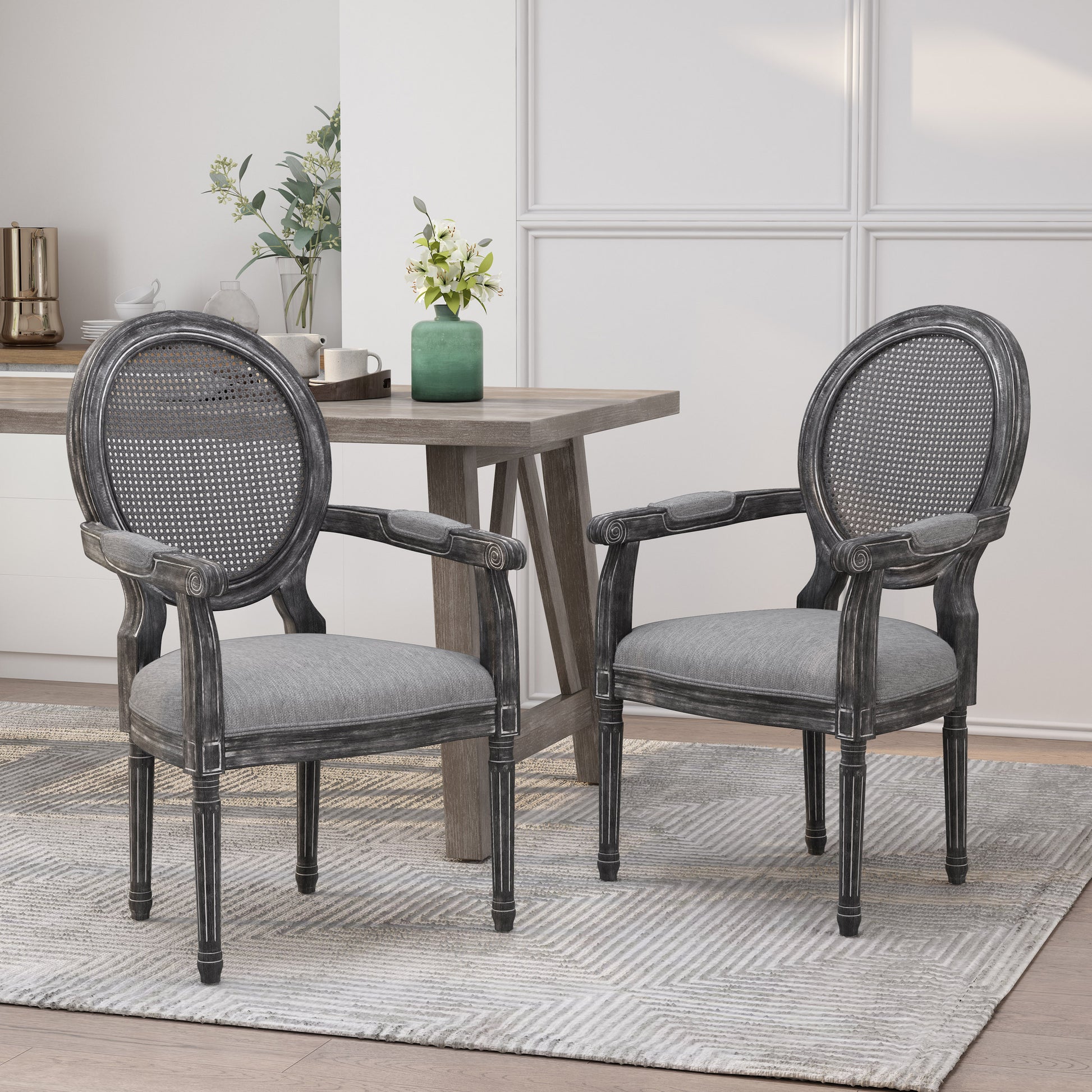 Wood And Cane Upholstered Dining Chair Set Of 2 Grey Rattan