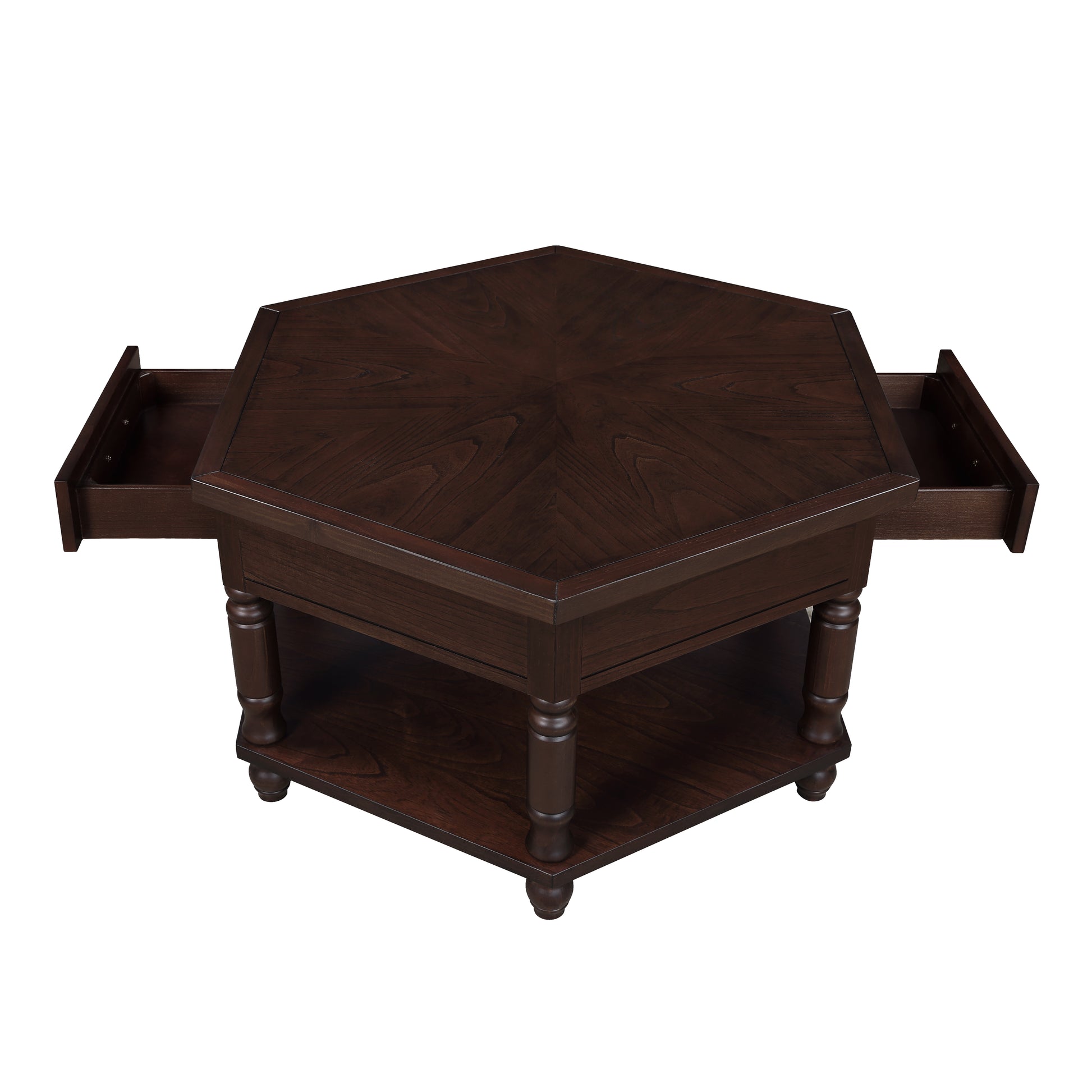 2 Tier Retro Hexagon Living Room Solid Wood Coffee Table With Shelf & Drawer, 36'' Mid Century Center Coffee Table For Living Room, Office. Light Espresso Light Espresso Pine