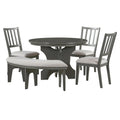 5 Piece Rustic Charm Round Dining Set With 3 Upholstered Chairs And Curved Bench For Dining Room, Kitchen And Living Room Gray Gray Rubber Wood