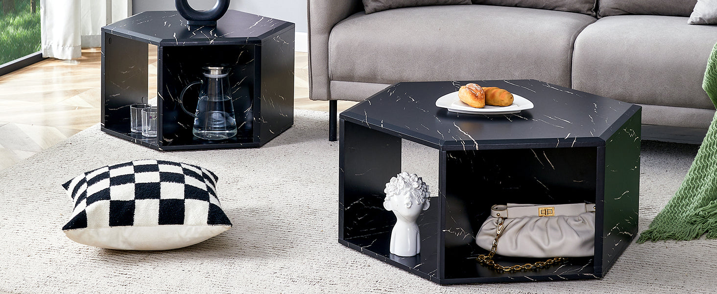 Modern Minimalist Black Hexagonal Coffee Table Set.Hexagonal Mdf Coffee Table, Characteristic Pattern Stickers, Multi Hole Design To Give More Storage Space.Two Coffee Tables Of Different Sizes.