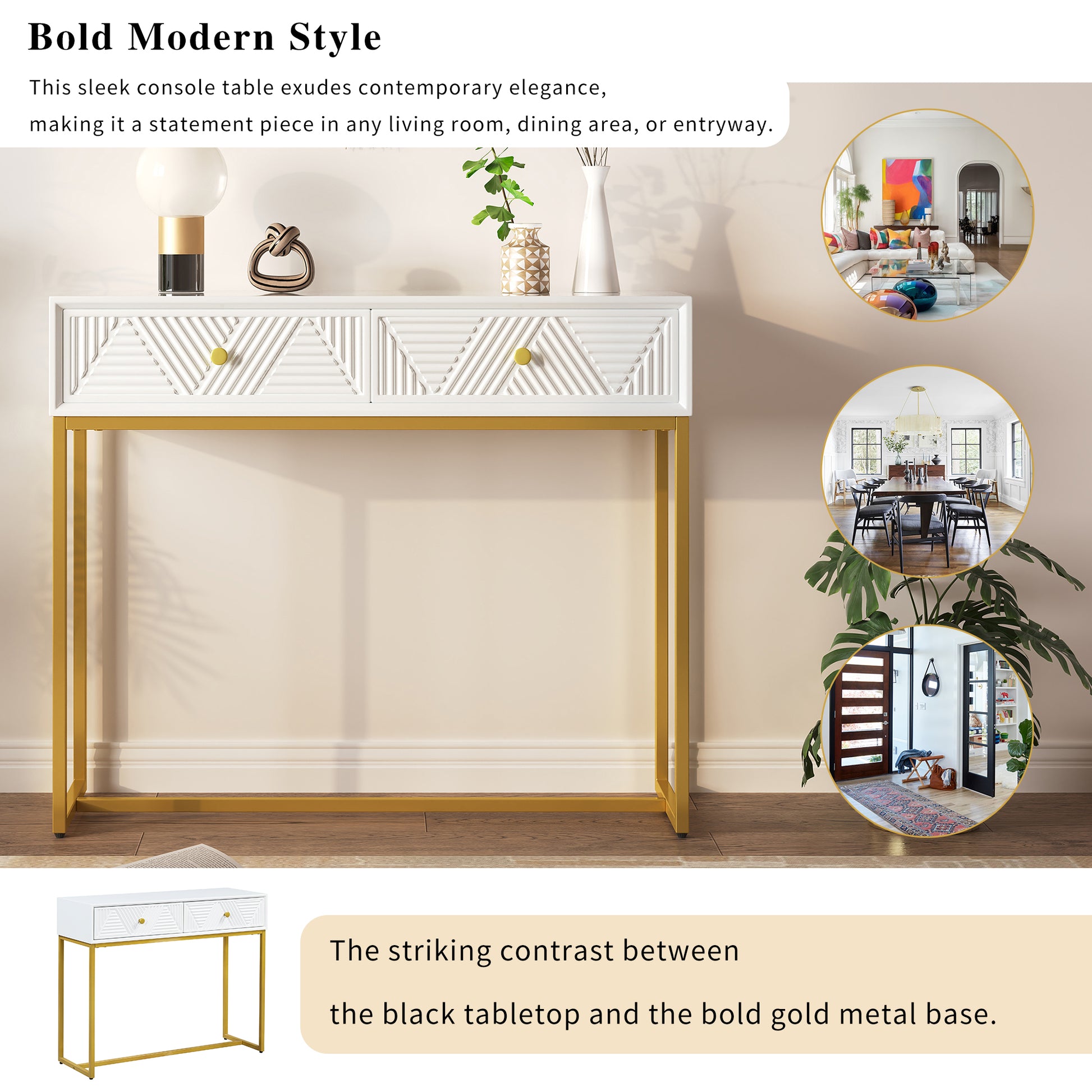 Modern Sleek Console Table Two Drawers With Stripe Design For Living Room And Entryway White White Mdf