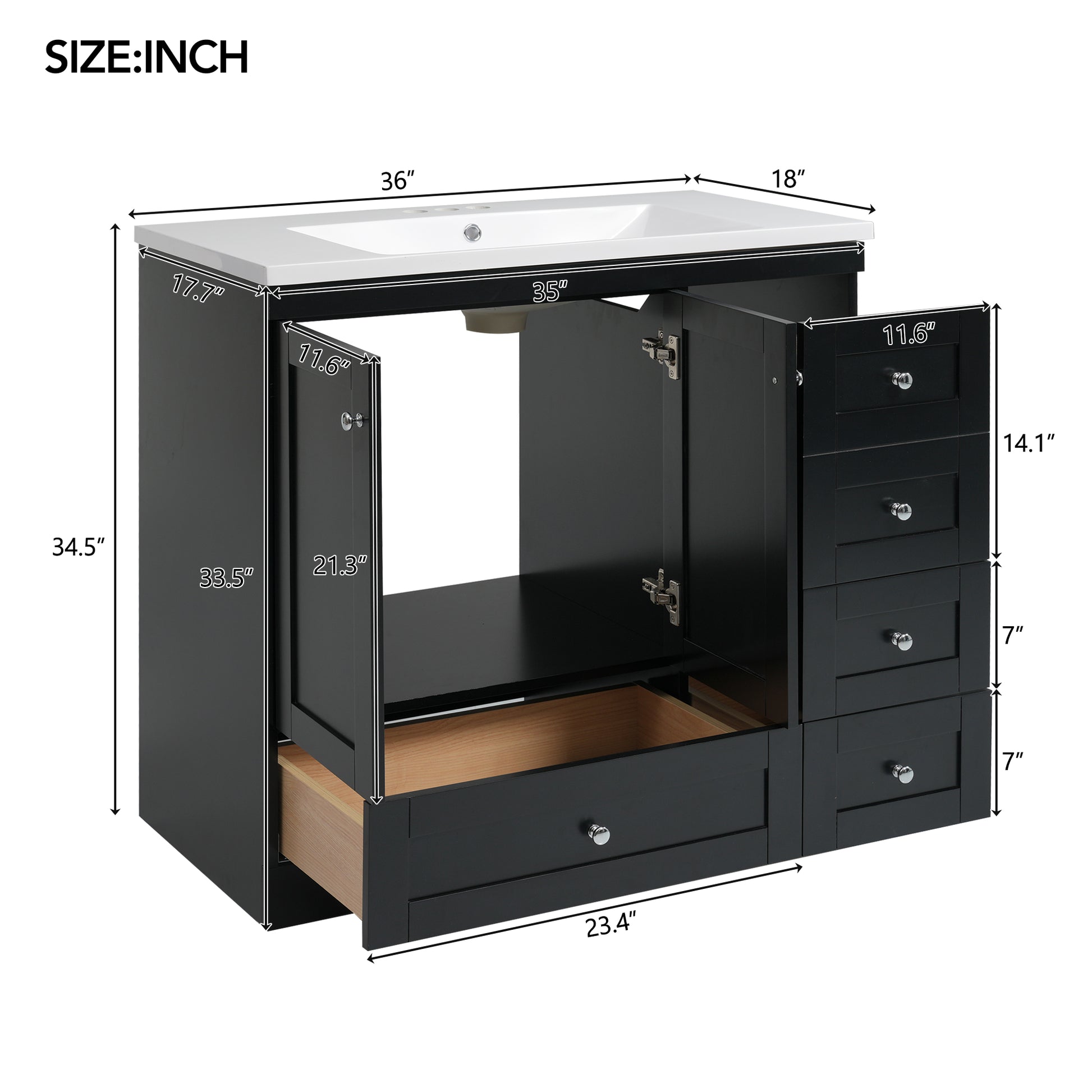 Video 36 Inch Shaker Style Free Standing Bathroom Vanity Cabinet With Sink, 4 Soft Close Drawers And 2 Soft Close Doors Black Bathroom Mdf