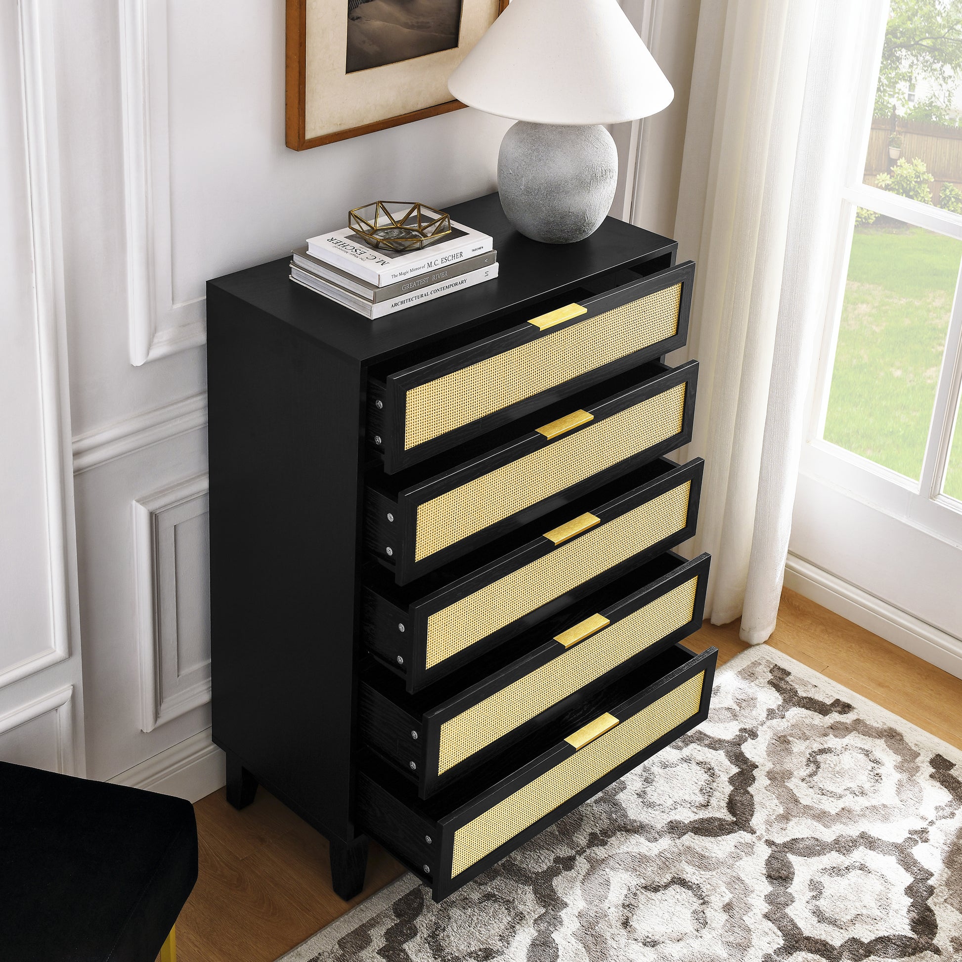 Bedroom 5 Drawer Dresser, Rattan Dresser Modern Wooden Chest Of Drawers With Spacious Storage Space For Bedroom Hallway Living Room Black Solid Wood Mdf