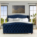 Marcella Upholstered Shelter Headboard Bed Set, King, Navy Blue Velvet Box Spring Required King Navy Blue Wood Foam Velvet Velvet
