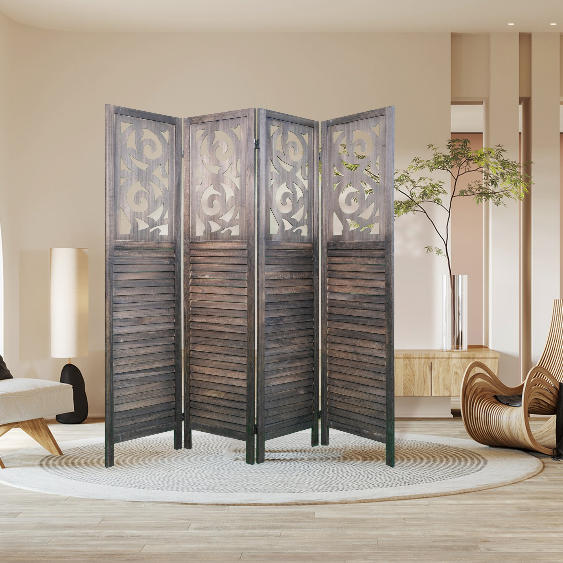 4 Panel Room Dividers, 6Ft Carved Wood Room Divider Partition Room Dividers Wall Wooden Carved Folding Privacy Screens Foldable Panel Wall Divider For Office Restaurant, Rustic Brown Rustic Brown Classic Wood
