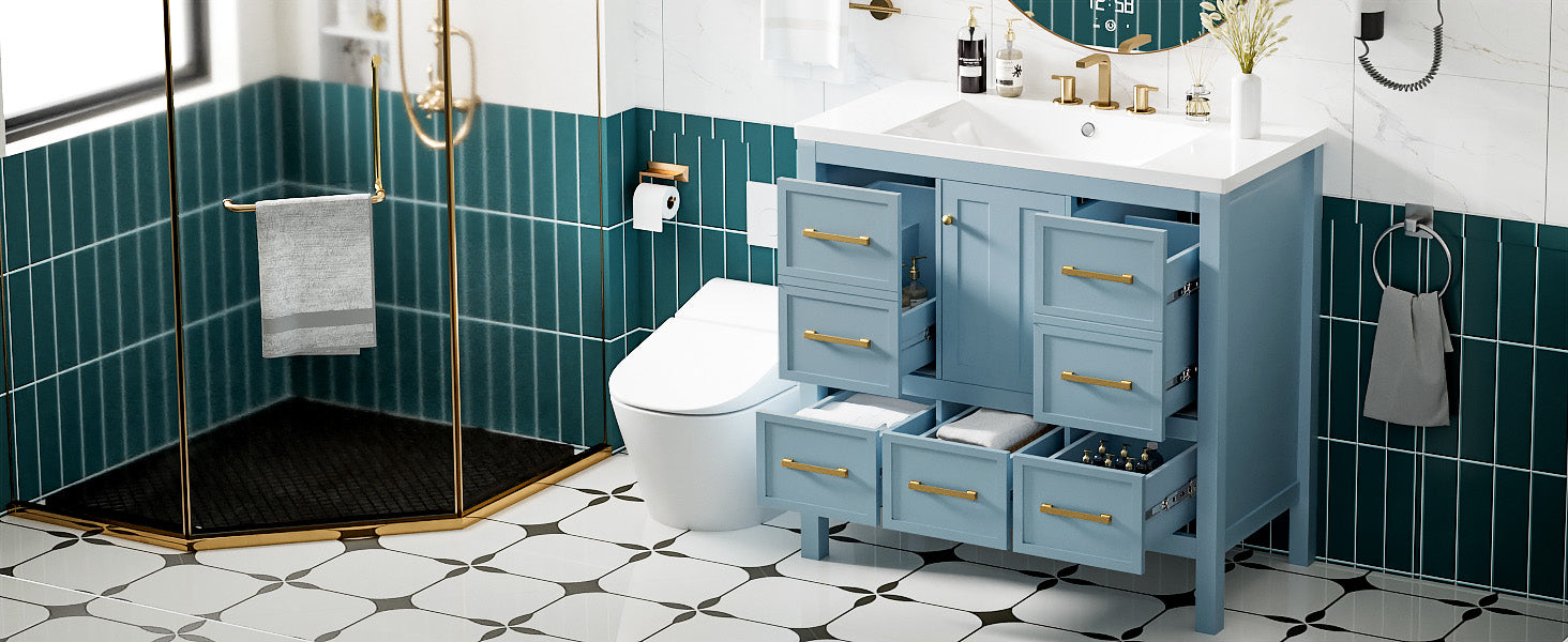 36'' Bathroom Vanity With Resin Sink Combo, Solid Wood Frame Bathroom Storage Cabinet, Freestanding Vanity Set With 5 Drawers& Soft Closing Doors Same As N710S136002M Blue Bathroom Solid Wood Mdf Resin