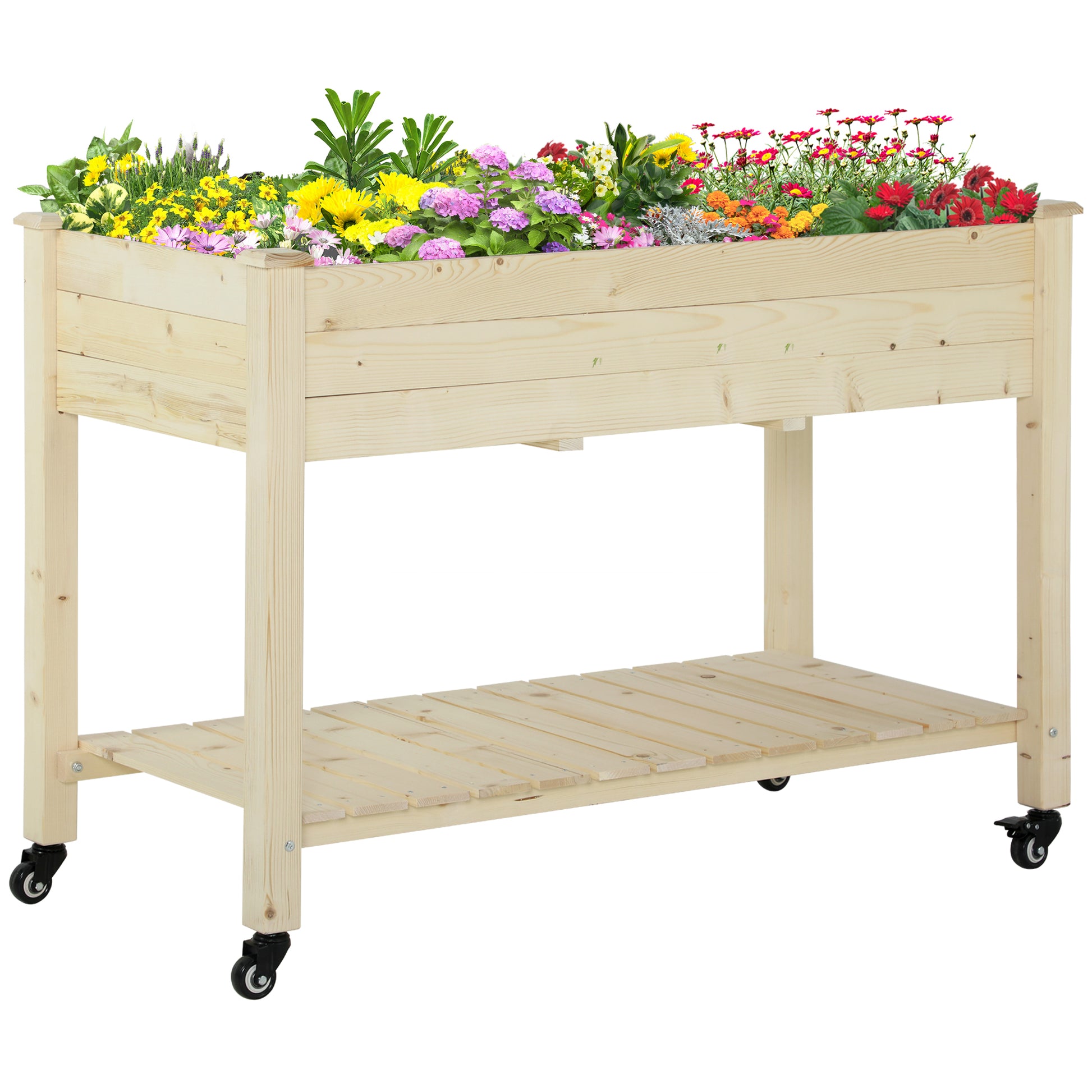 Outsunny Raised Garden Bed, 47" X 22" X 33", Elevated Wooden Planter Box W Lockable Wheels, Storage Shelf, And Bed Liner For Backyard, Patio, Natural Natural Wood