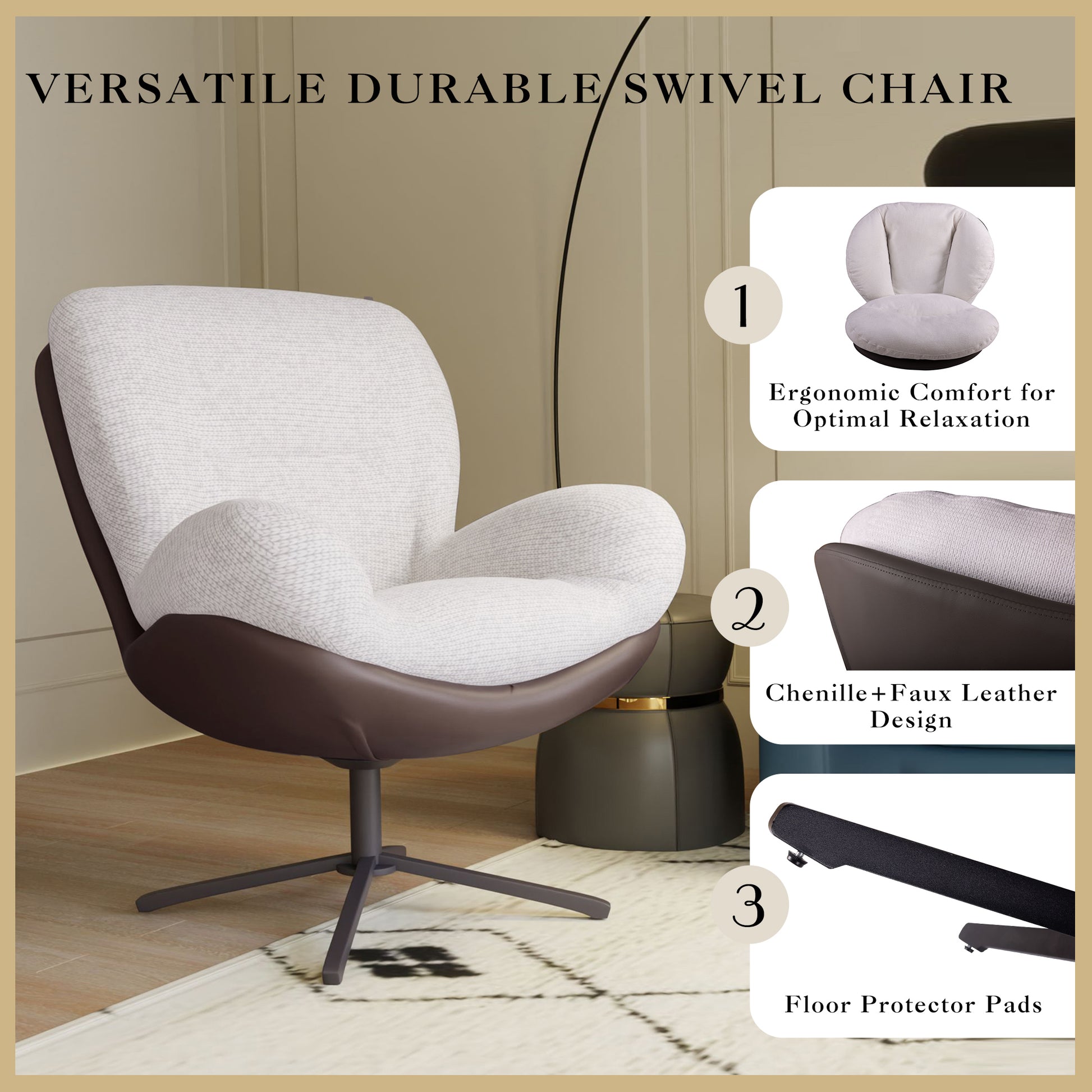 360 Swivel Accent Chair, Modern Chenille Lounge Chair With Faux Leather And Black Metal Base Frame, Comfortable Reading Chair For Small Spaces, Living Room, Bedroom, Reading Corner, Office White Brown White Brown Primary Living Space Art