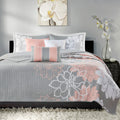 6 Piece Printed Cotton Quilt Set With Throw Pillows Grey Peach Full Queen Full Grey Peach Polyester