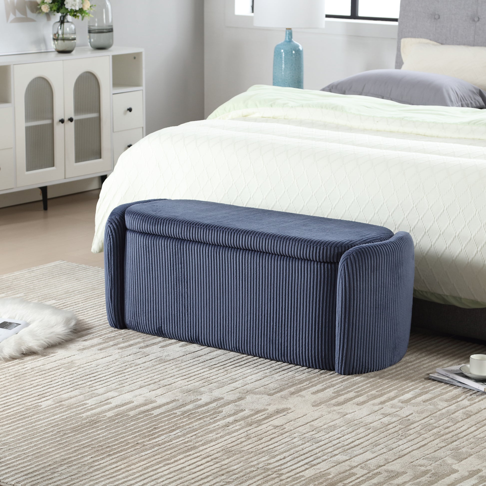 Coolmore Storage Ottoman,Bedroom End Bench,Upholstered Fabric Storage Ottoman With Safety Hinge, Entryway Padded Footstool, Ottoman Bench For Living Room & Bedroom Navy Navy Primary Living Space Foam Corduroy