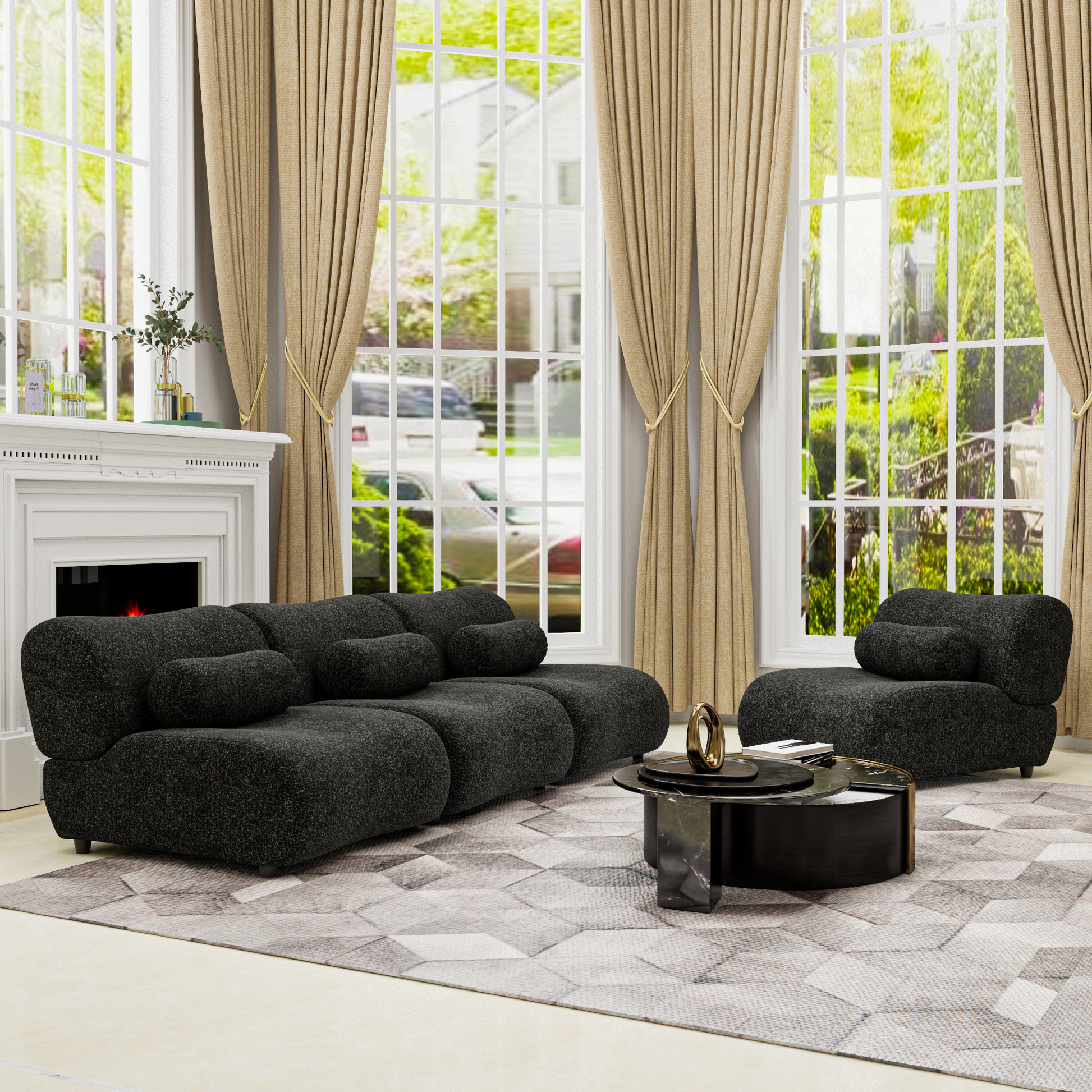 Modern Oversized Modular Sofa Set Chenille Fabric Living Room Sofa With Cylindrical Pillows, Freely Arrangeable, Perfect For Home And Lounge Spaces Black Chenille 4 Seat