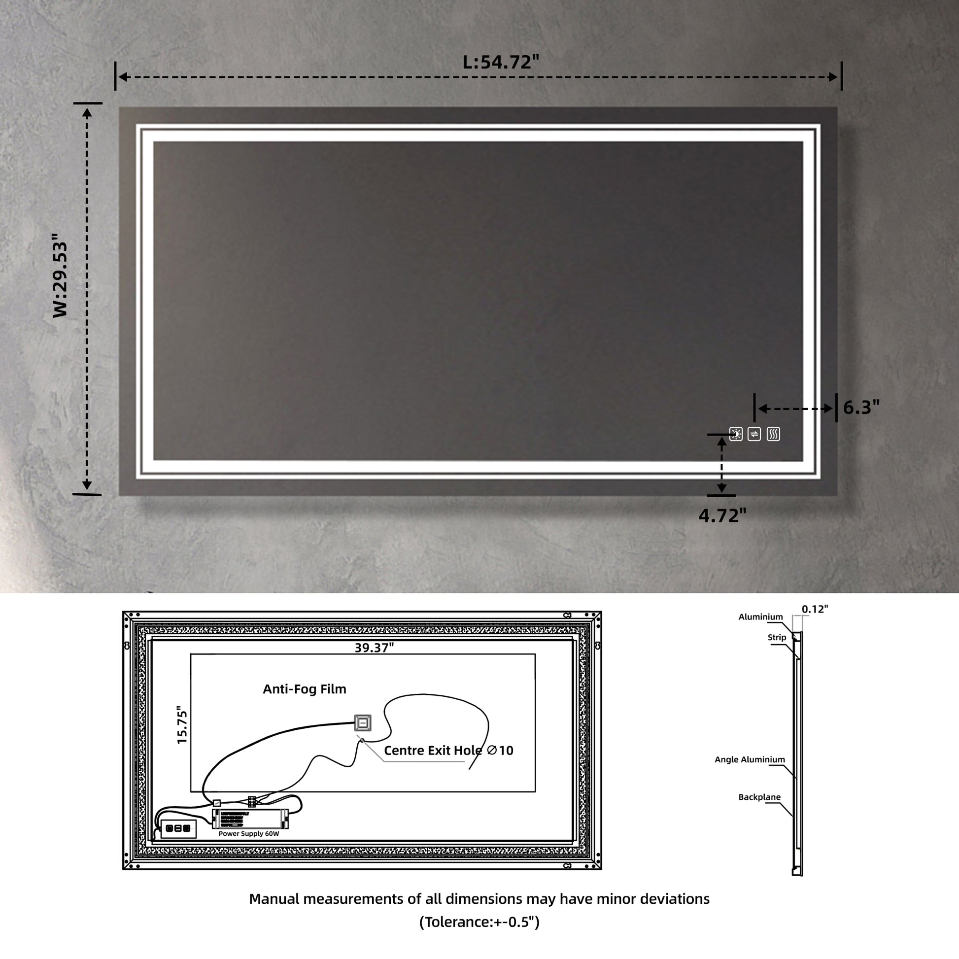 3055 Inch Bathroom Led Mirror Anti Fog Mirror With Button Silver Glass