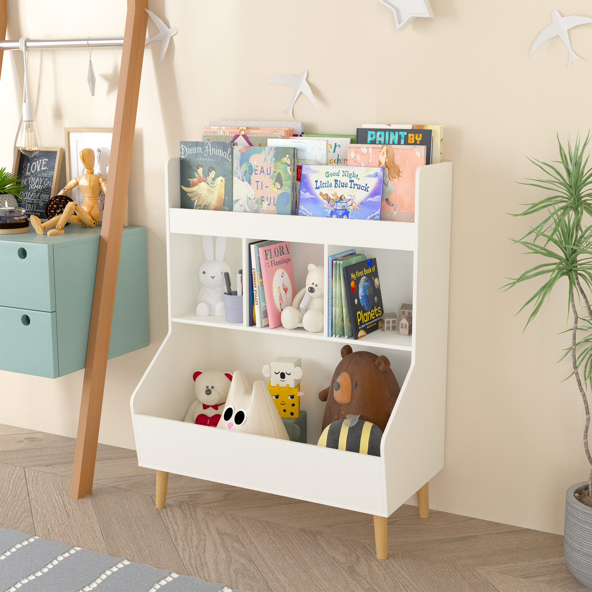 Toy Storage Organizer, Kids Bookshelf And Toy Storage With Legs, Multifunctional Storage Organizer, Children Bookcase For Kids Room, Living Room, Nursery,White White Solid Wood Mdf