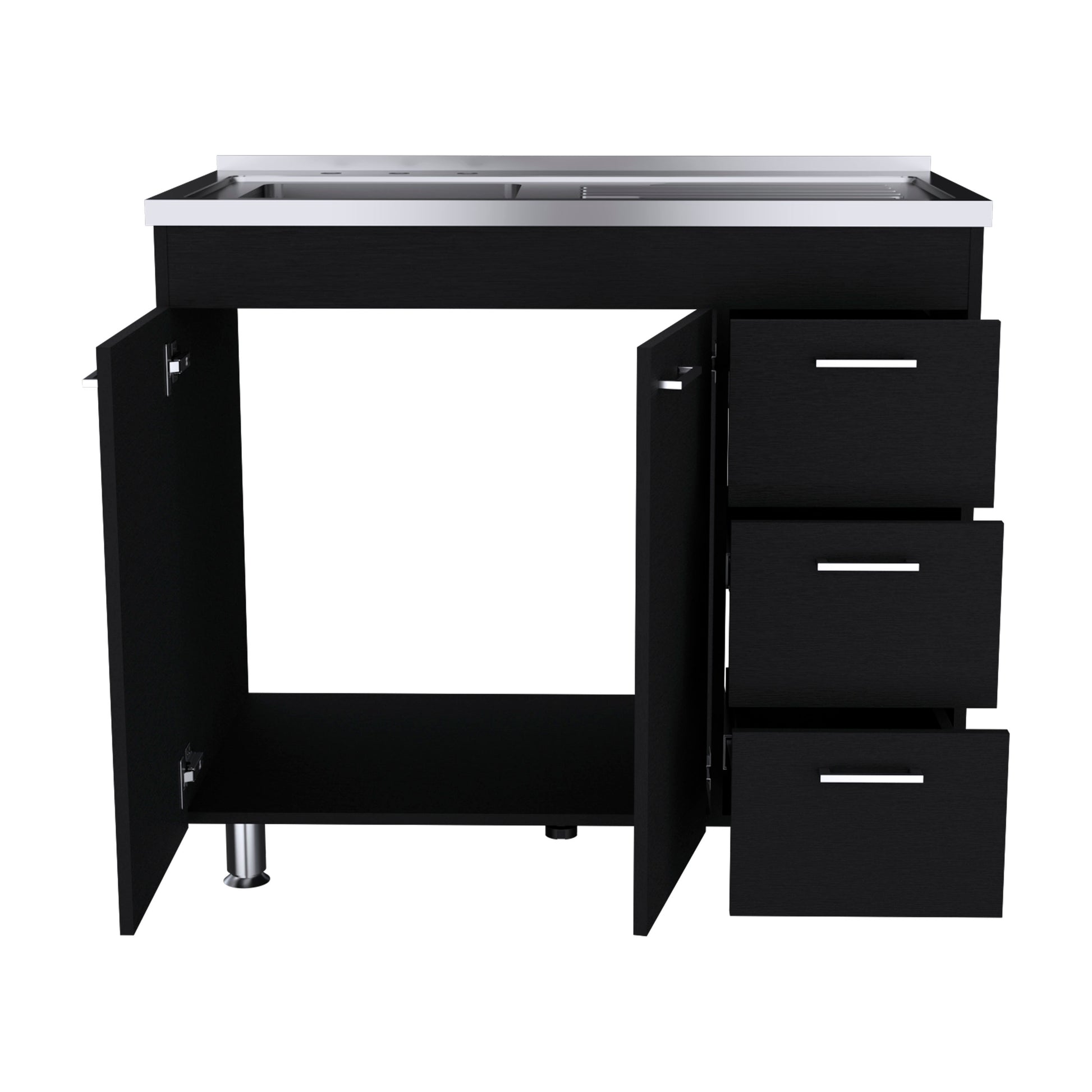 Base Double Door Cabinet, Three Drawers, Black Black Solid Wood Mdf Engineered Wood