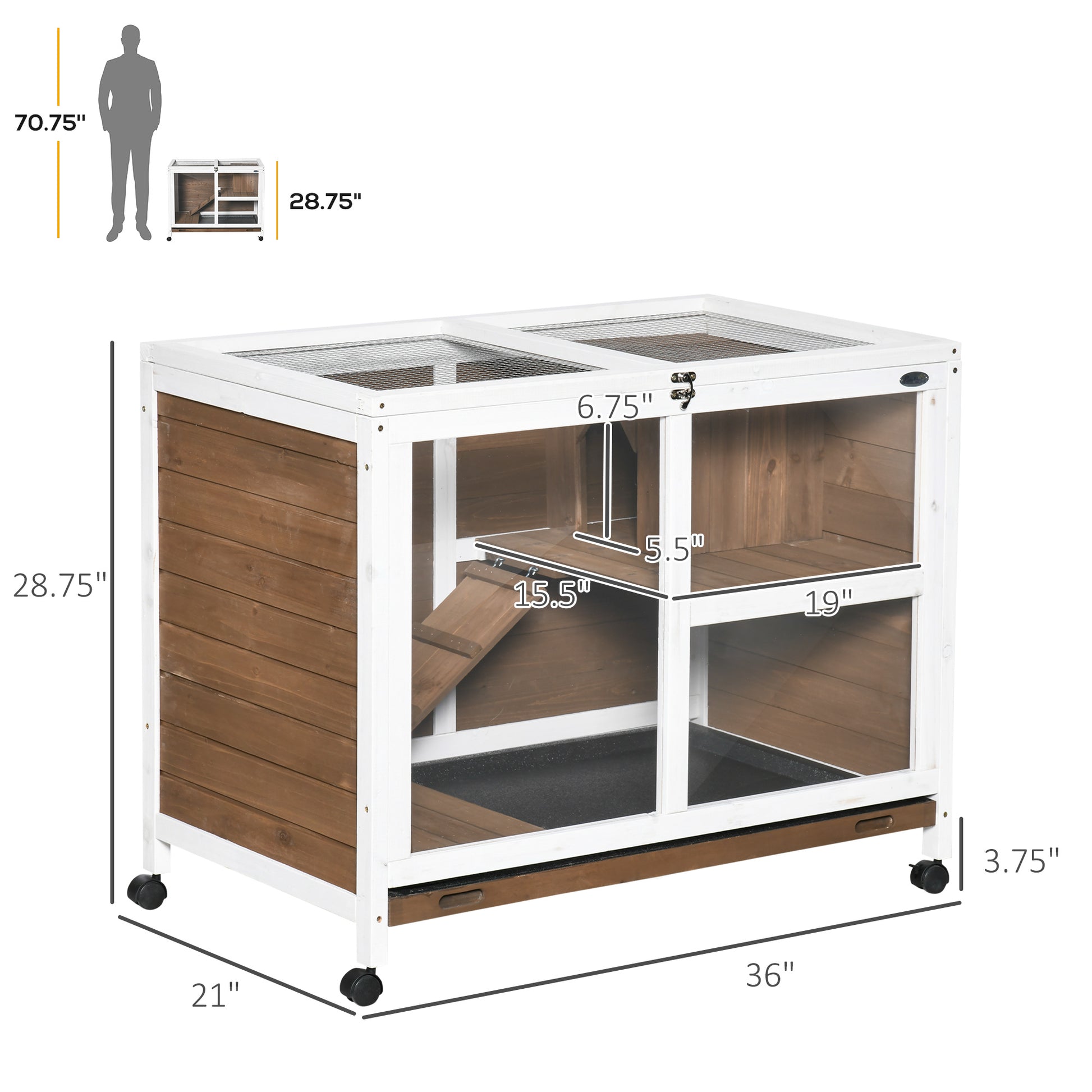 Pawhut Indoor Rabbit Hutch With Wheels, Desk And Side Table Sized, Wood Rabbit Cage, Waterproof Small Rabbit Cage, Brown Brown Wood