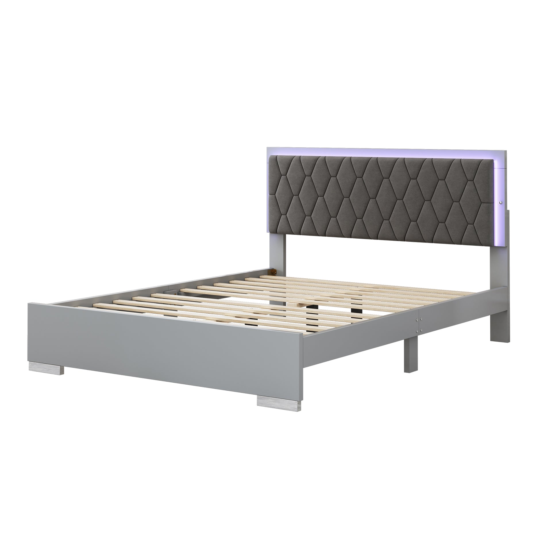 Queen Size Upholstered Bed With Led Lights,Modern Platform Bed With Velvet Headboard,Grey Queen Grey Mdf