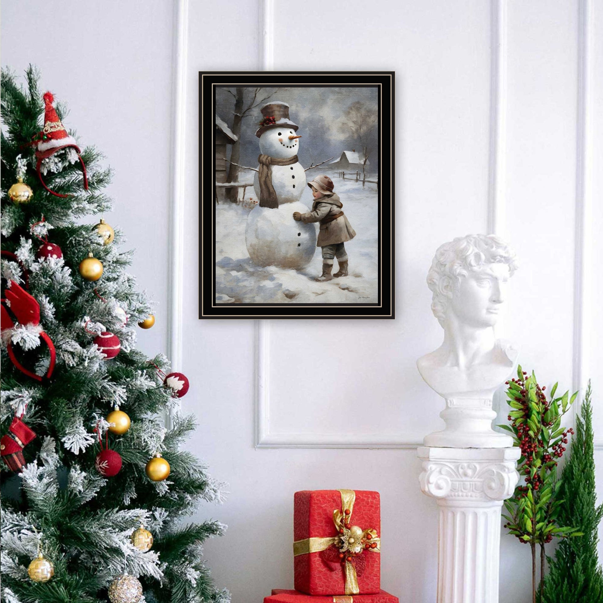Finishing Touch On The Snowman Black Framed Wall Art For Living Room, Holiday Wall Art Print For Home Decor, Bedroom Wall Art By Jo Moulton Multicolor Wood Paper