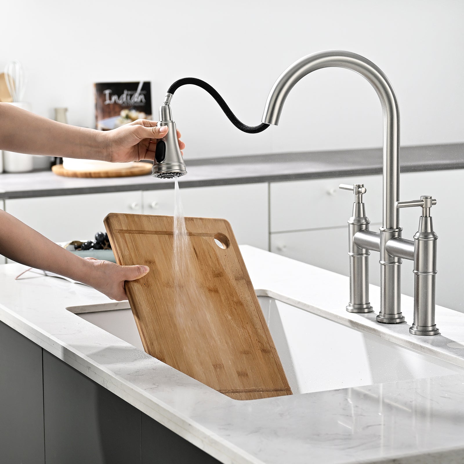 3 Hole Brushed Nickel Bridge Kitchen Faucet With