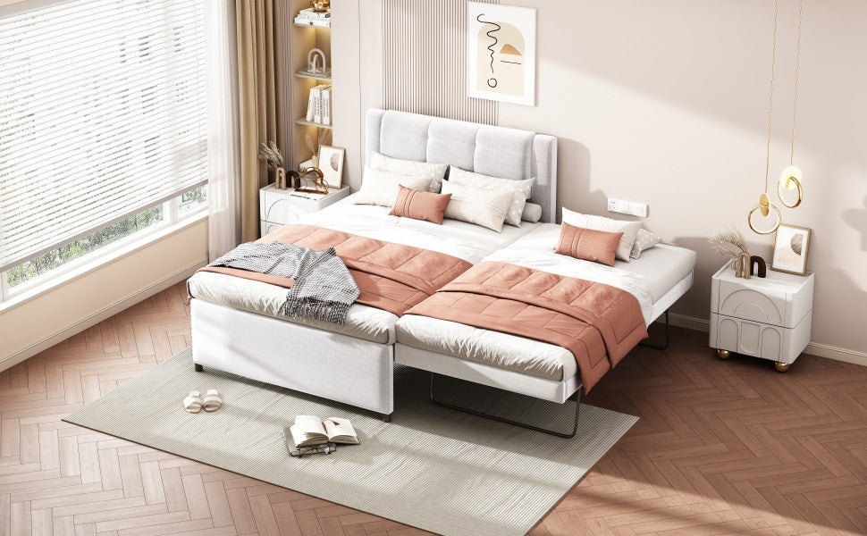 Full Size Upholstery Platform Bed With Trundle,Trundle Can Be Flat Or Erected, Beige Box Spring Not Required Full Beige Bedroom Linen Upholstered