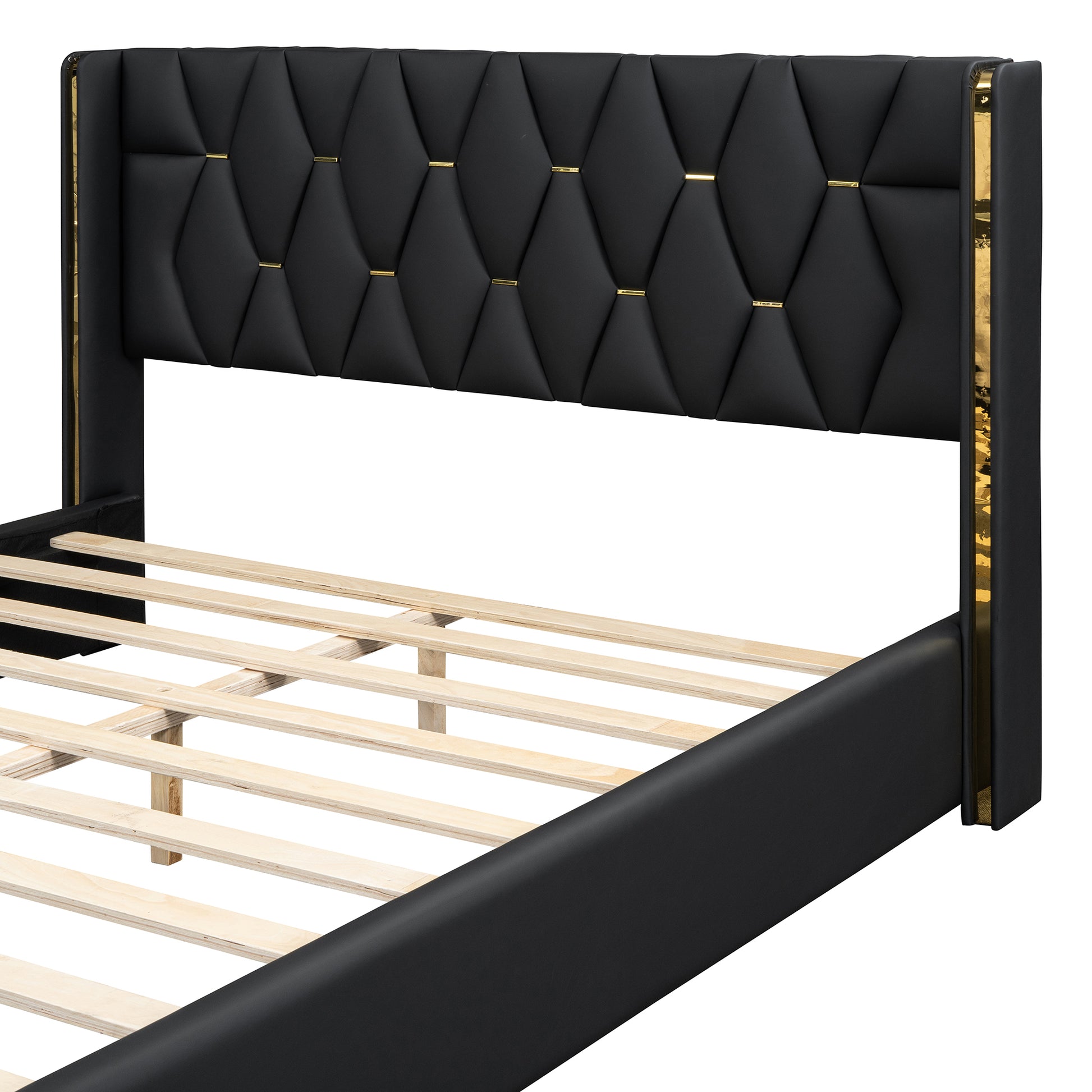 Queen Size Upholstered Platform Bed With Metal Strips, Black Queen Black Pu