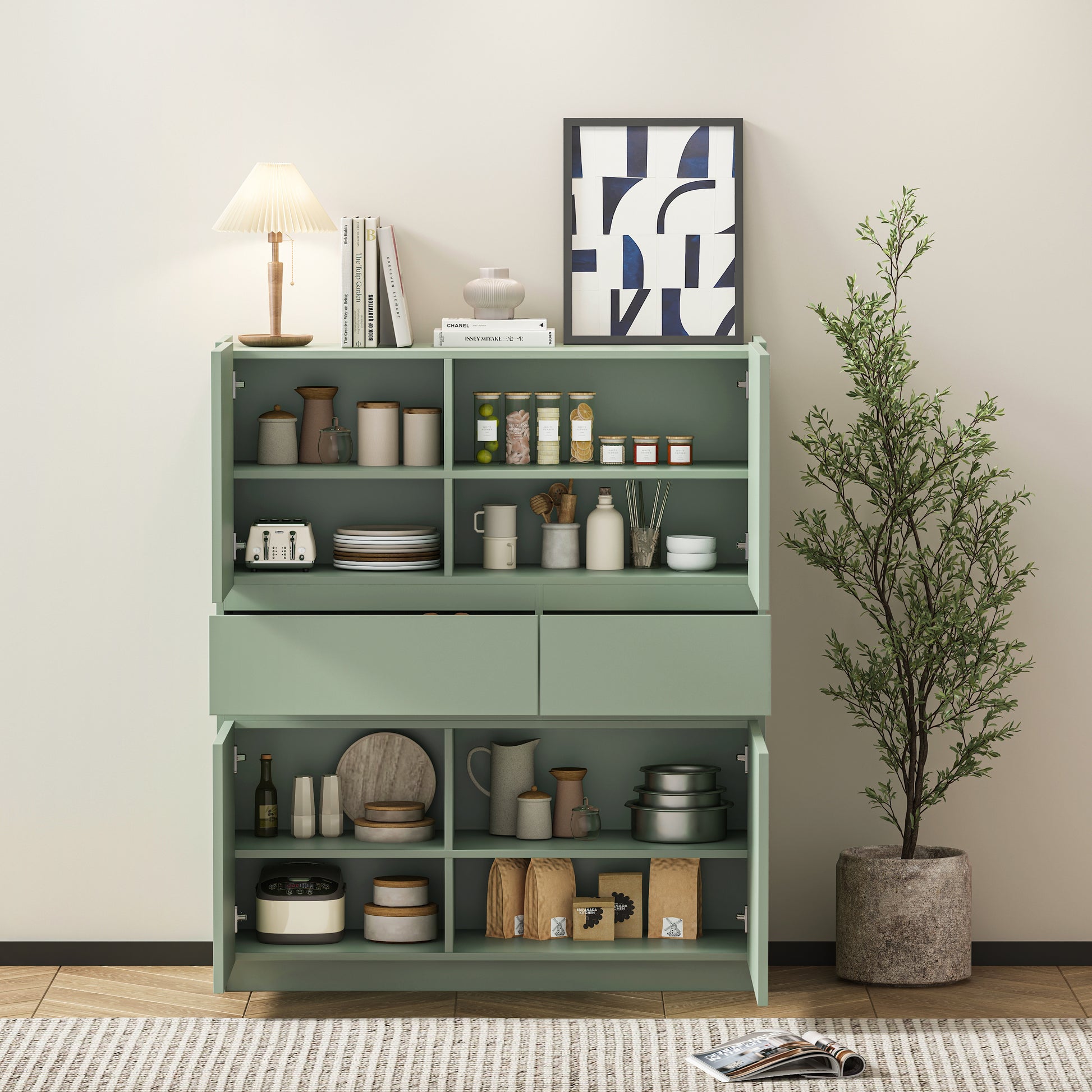 Green Wooden Storage Cabinet With 4 Doors And 2 Drawers Pale Green Primary Living Space American Design,American Traditional,Antique,Art Deco,Artsy Particle Board