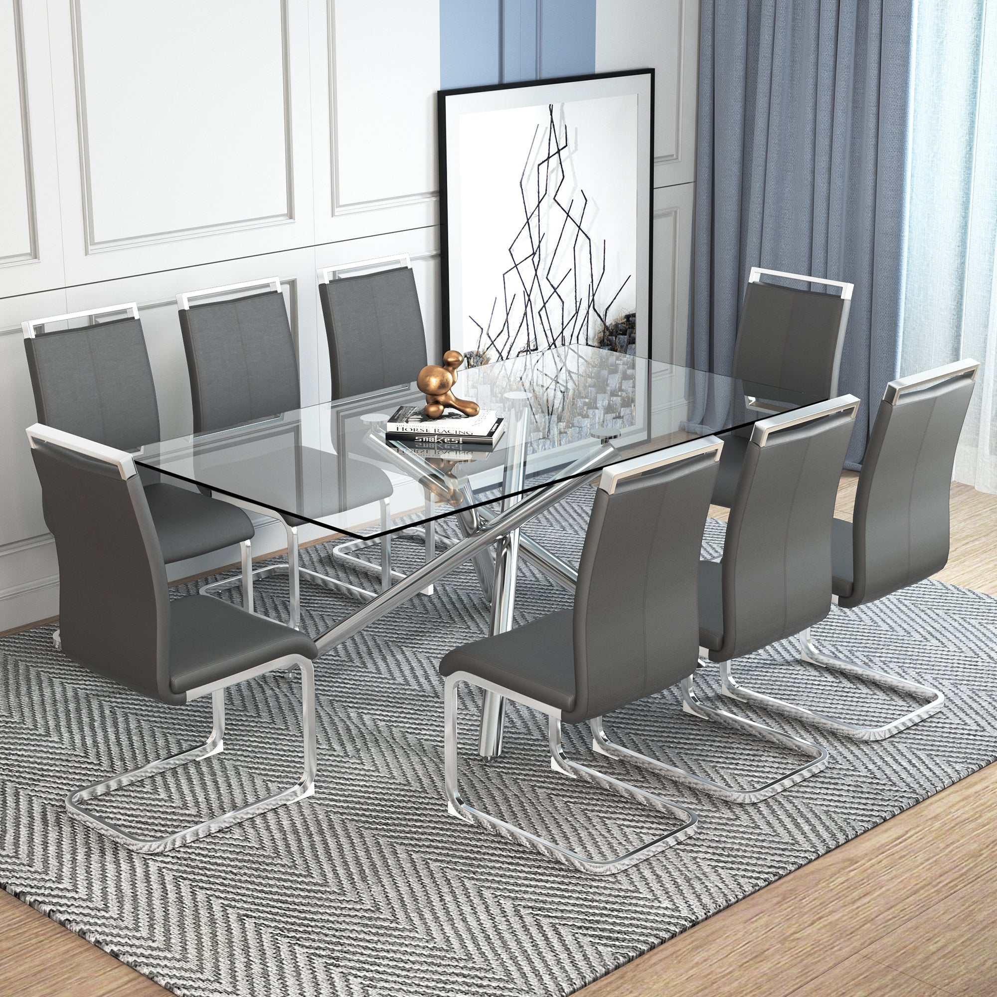 Table And Chair Set.Modern Luxurious Transparent Tempered Glass Dining Table Set.Paried With 8 Dark Gray Chairs With Pu Cushion And Silver C Tube Metal Legs. Dark Gray,Transparent Seats 8 Glass