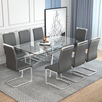 Table And Chair Set.Modern Luxurious Transparent Tempered Glass Dining Table Set.Paried With 8 Dark Gray Chairs With Pu Cushion And Silver C Tube Metal Legs. Dark Gray,Transparent Seats 8 Glass