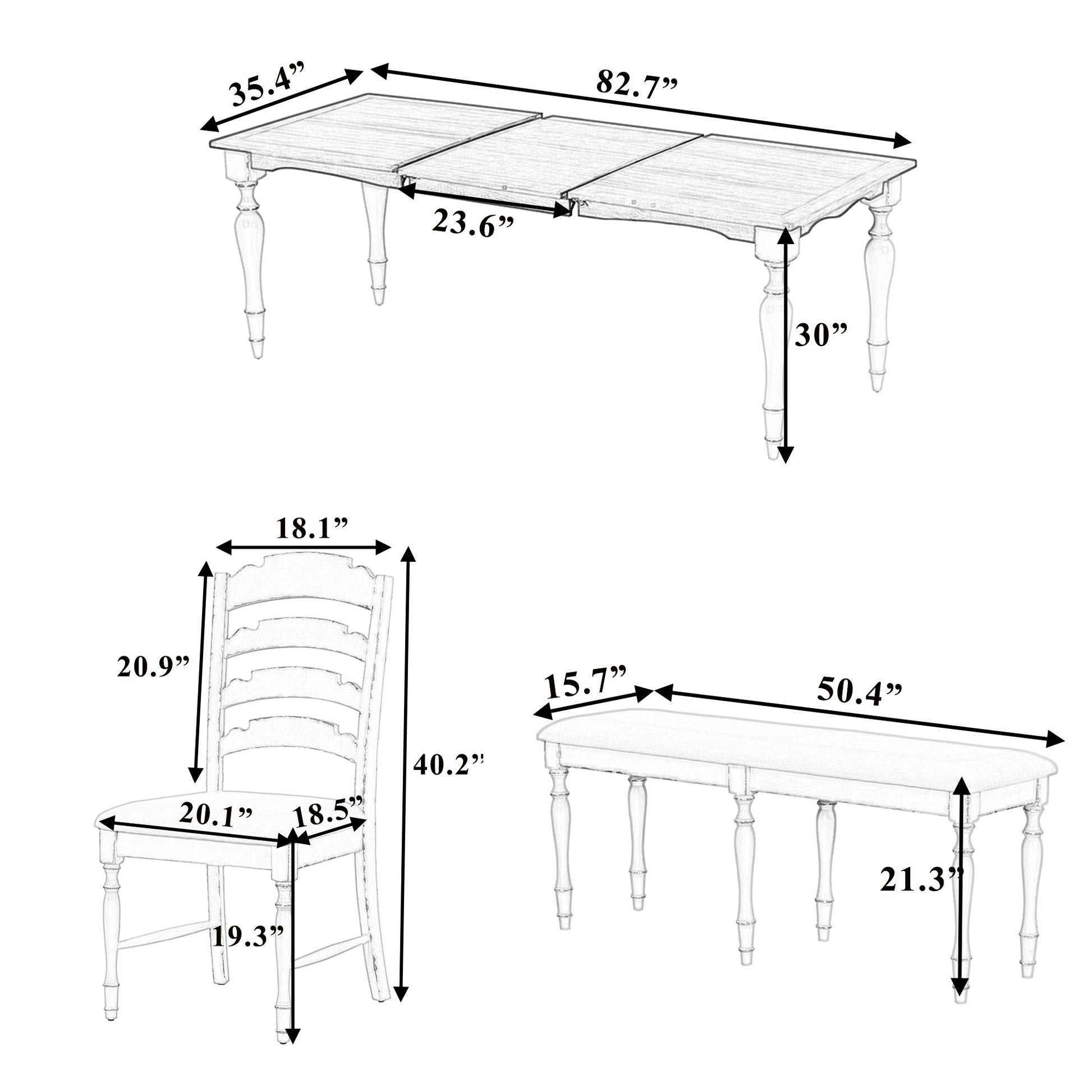 Vintage Traditional 6 Piece 82.7Inch Extendable Dining Table Set With 23.6Inch Removable Leaf, 50.4Inch Upholstered Dining Bench And 4 Chairs For 6, Natural Wood Dining Room Distressed Finish Rubberwood Rectangular Dining Table With Bench Wood Wood