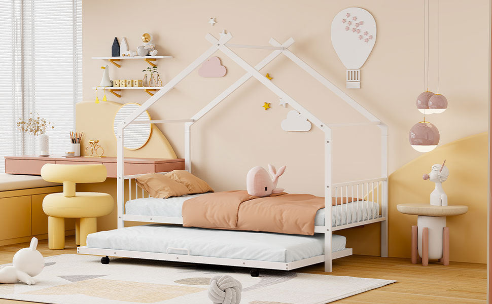 Twin Size Metal House Bed With Twin Size Trundle, White Twin White Metal