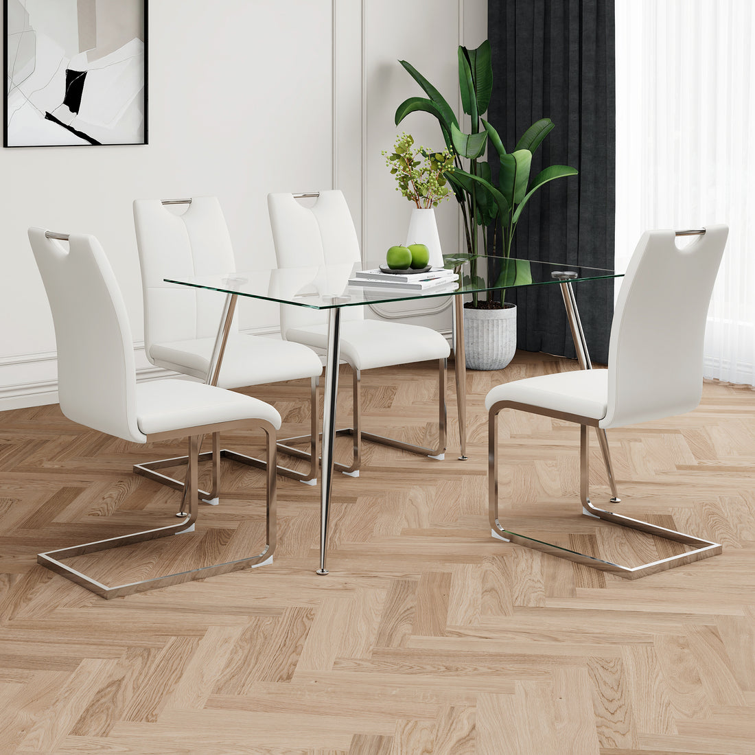 Modern Simple Rectangular Glass Dining Table, Solid Tempered Glass Tabletop, Electroplated Table Legs, White Pu Dining Chair Set, Suitable For Restaurant Kitchen Use Set Of 5 Upholstered Chair Glass White Pu Seats 4 Metal Rectangular Dining Table With