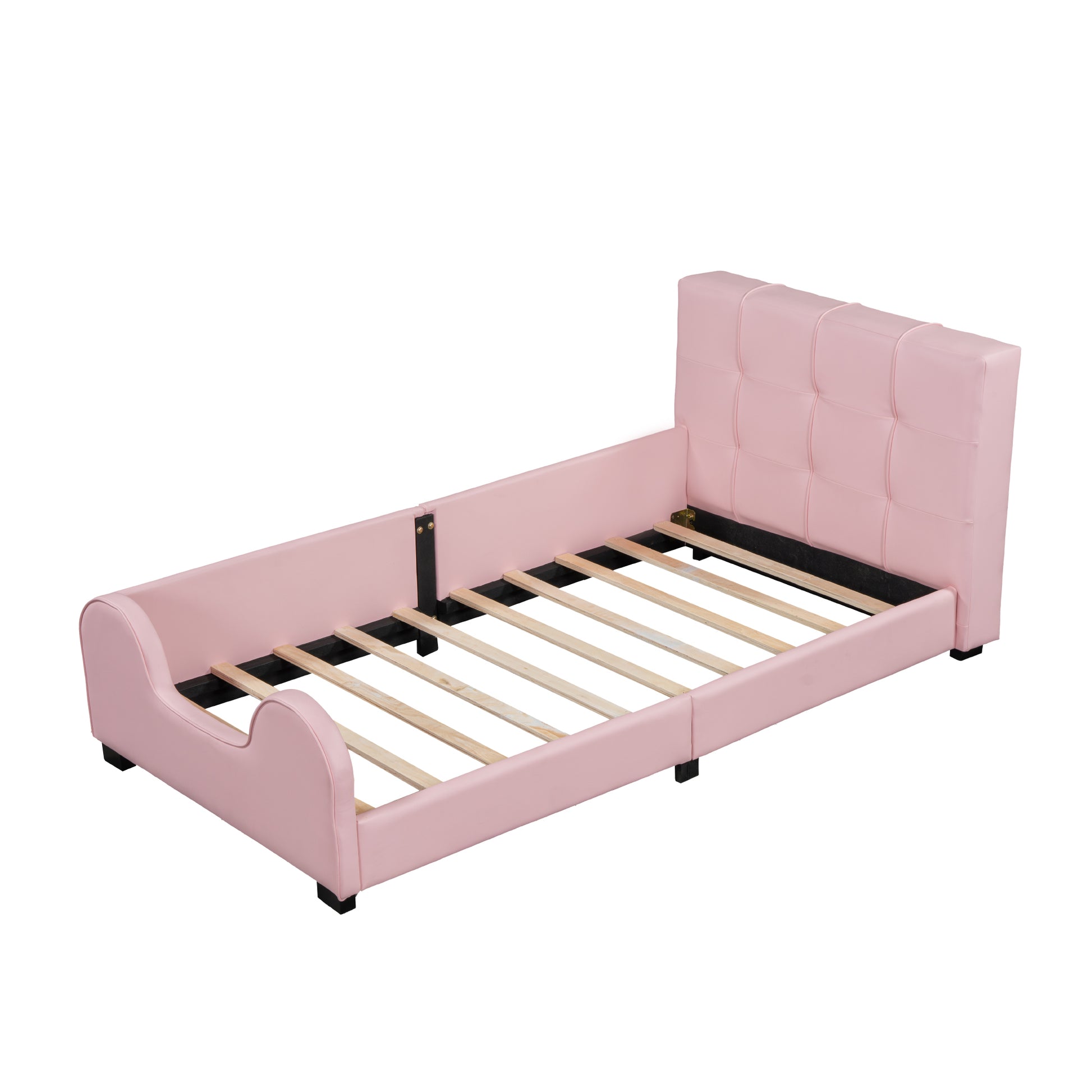 Twin Size Upholstered Platform Bed With Guardrail, Pink Box Spring Not Required Twin Pink Wood Faux Leather Upholstered