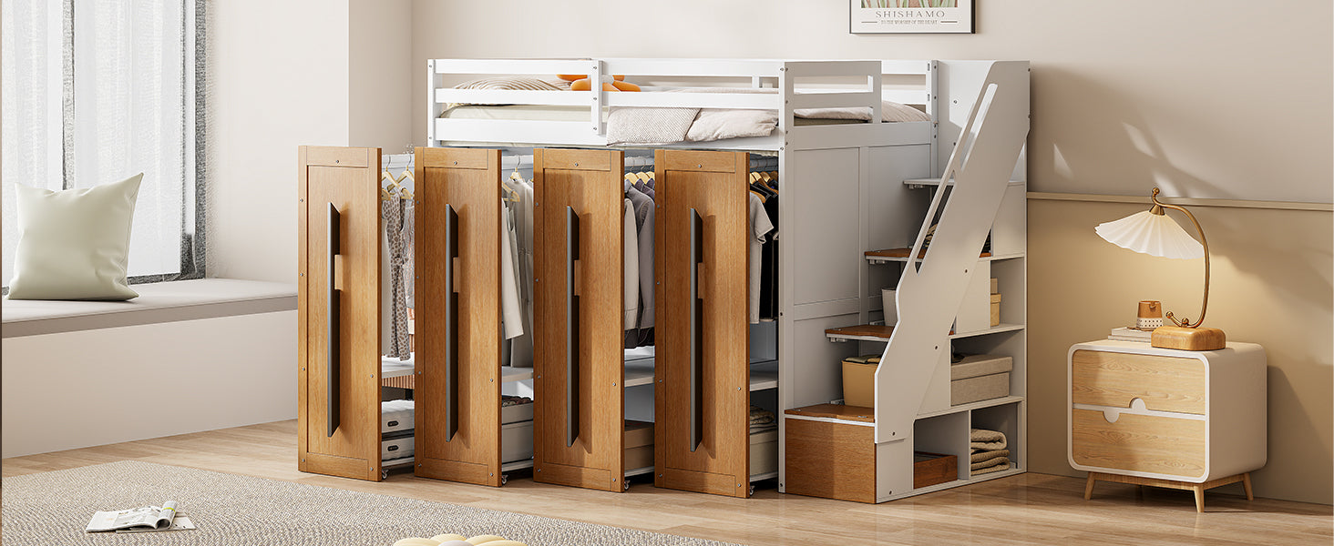 Modern Loft Bed With Two Tone Storage Stairs And Pull Out Wardrobes, White Twin White Solid Wood Mdf