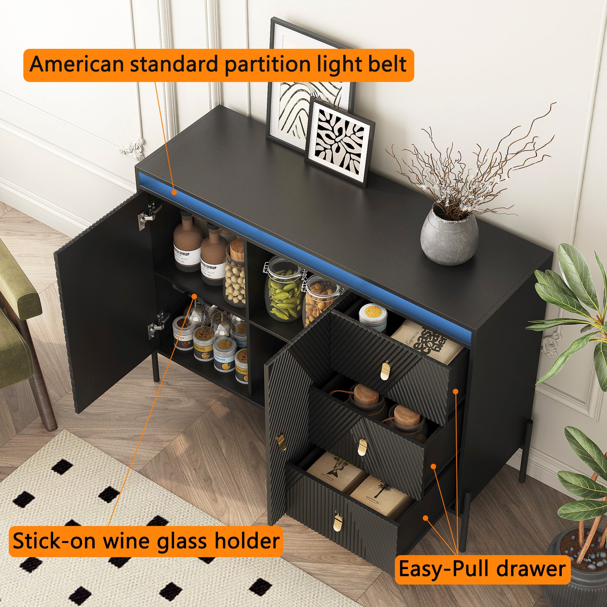 Buffets & Sideboards, Fluted Sideboard Cabinet, 2 Door 3 Drawer Design, With Led Lights,Acceent Black Sideboard Elegant Cabinet Ideal For Dining Room And Kitchen Storage,Black Black Mdf
