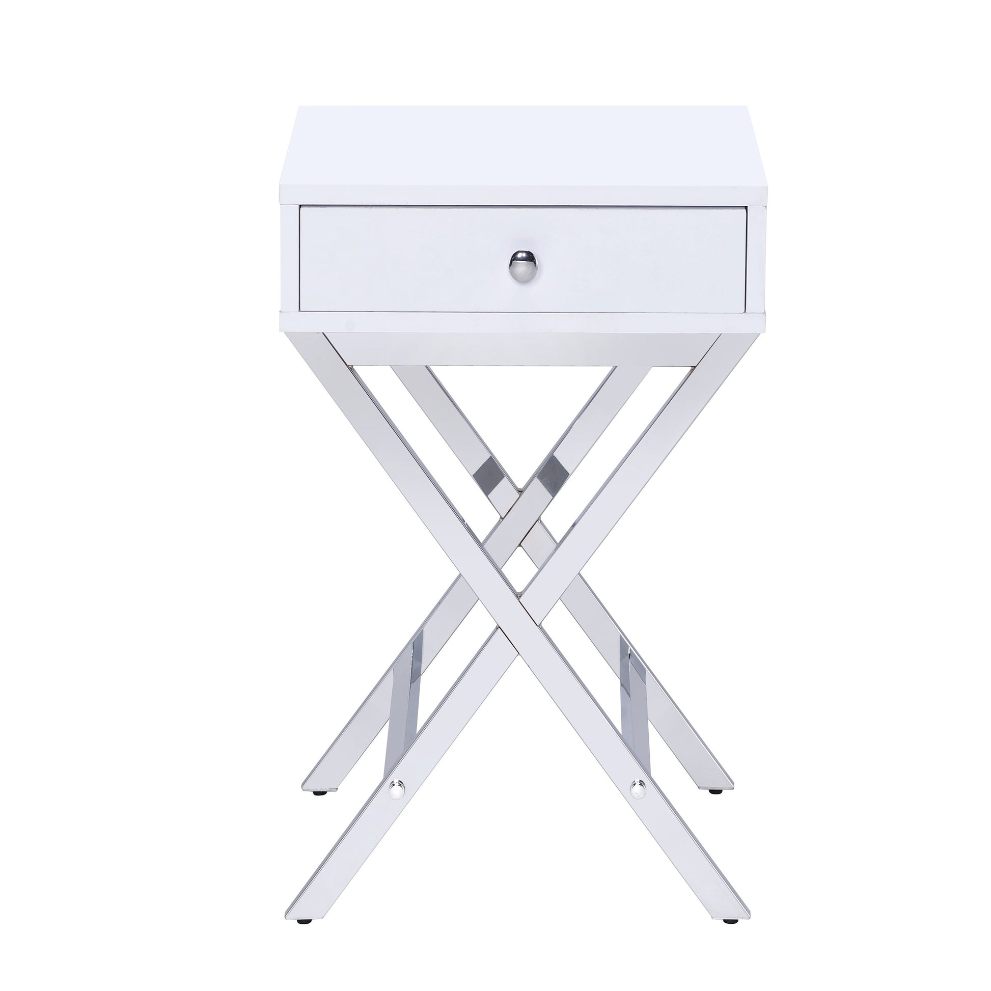 White And Chrome 1 Drawer Rectangular Accent Table White Silver Primary Living Space Modern Drawers Rectangular Wood Metal