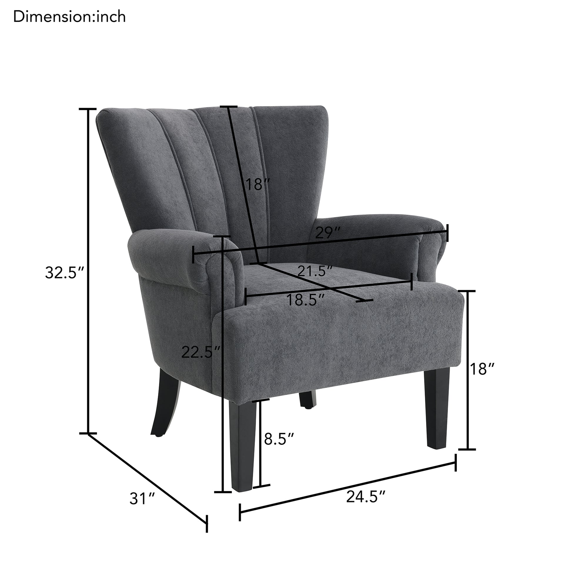 Modern Accent Living Room Chairs,Polyester Armchair Club Chair With Channel Back, Accent Chair For Living Room, Bedroom Reading Room, Soft Fabric, Wooden Leg, Dark Grey Dark Grey Primary Living Space Modern Foam Plywood