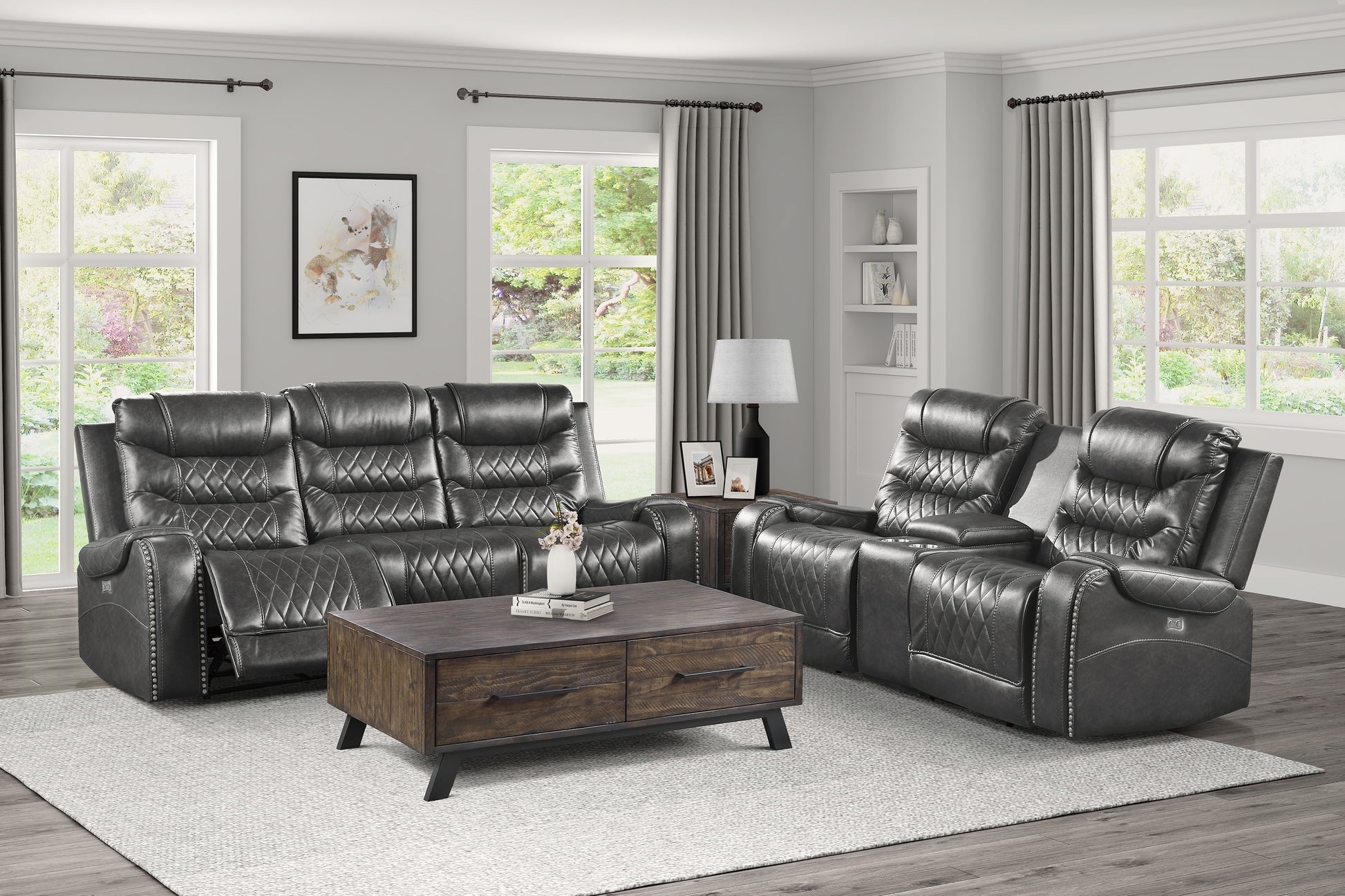 Luxurious Living Room Furniture Grayfaux Leather Upholstery 1Pc Power Double Reclining Sofa With Center Drop Down Cup Holders, Usb Ports, Diamond Pattern Stitching Gray Faux Leather Wood Primary Living Space Luxury,Modern Solid Wood 3 Seat