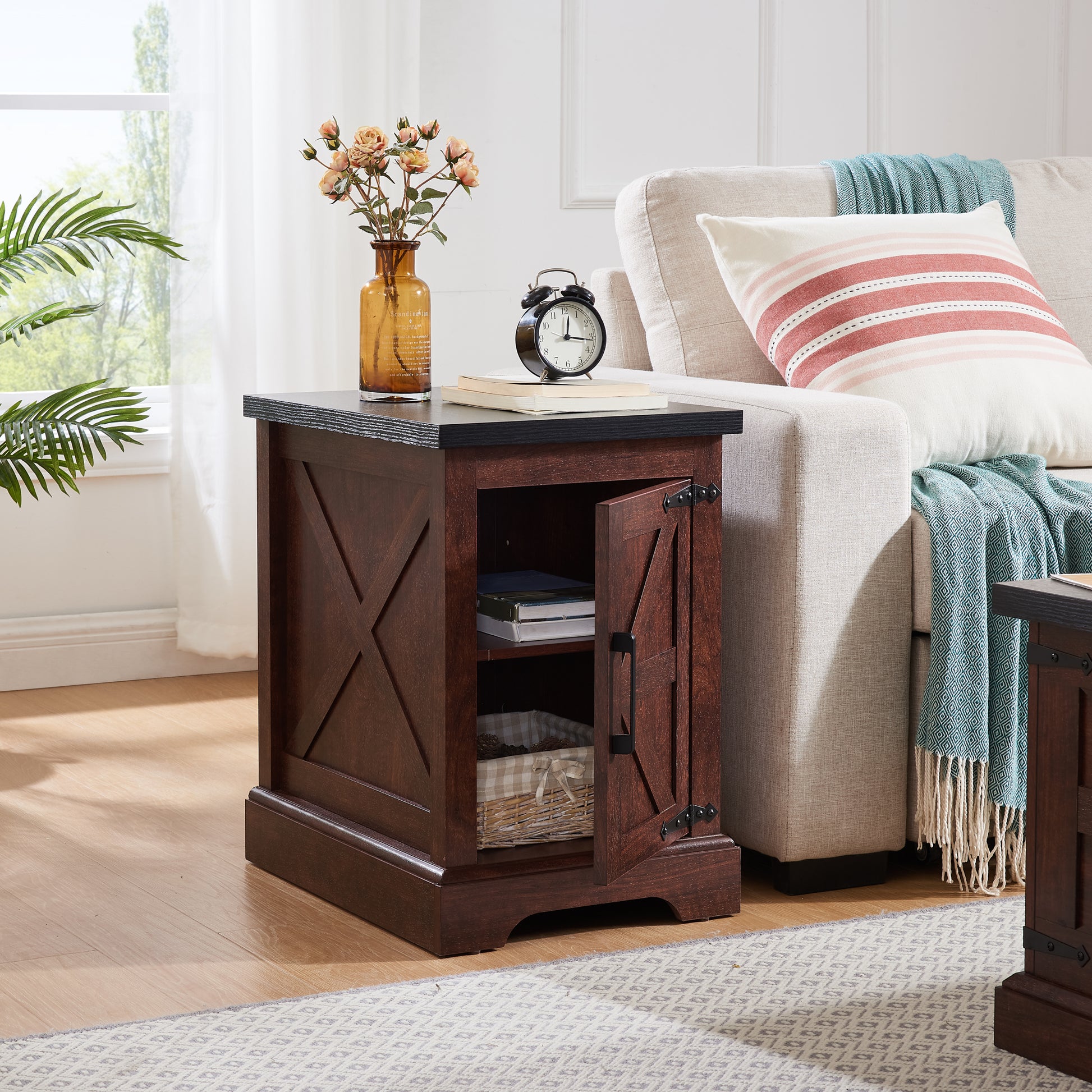 Farmhouse End Table Nightstand Rectangular Farmhouse End Table With Barn Door And Adjustable Storage Shelf, Rustic Sofa Side Table For Living Room, Bedroom, Oak Oak Mdf