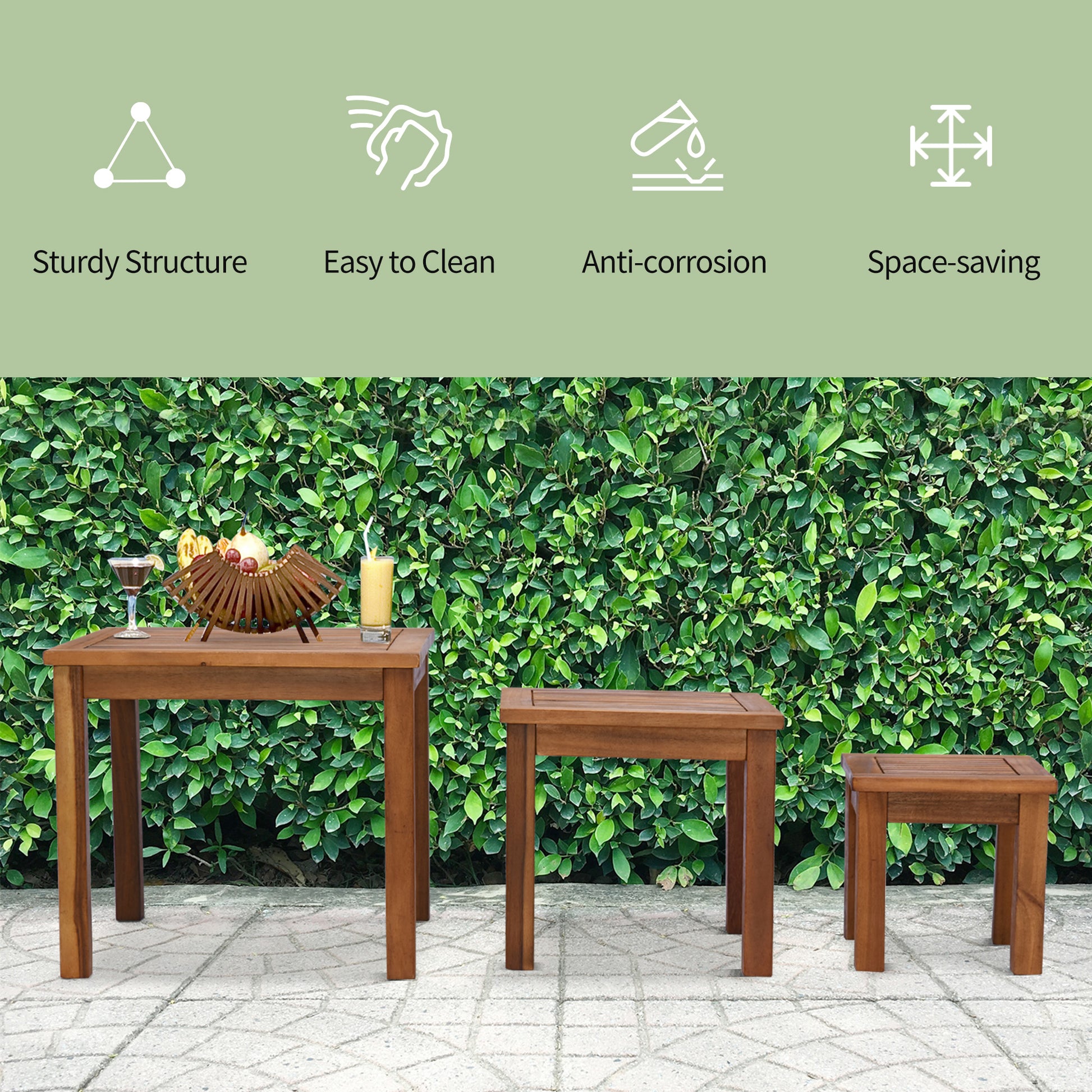 Outsunny 3 Piece Outdoor Side Nesting Table Patio Set With Acacia Wood Build & Multi Functional Design Teak Metal