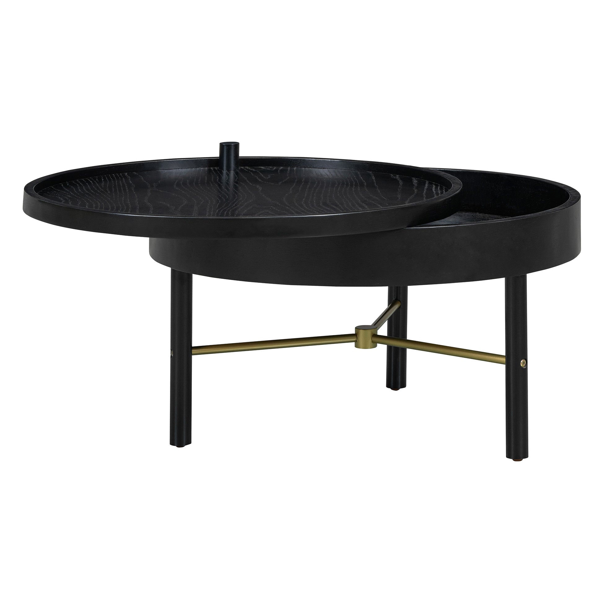Modern Round Wood Rotating Tray Coffee Table With Storage & Metal Legs In Black Black Metal,Rubber Wood