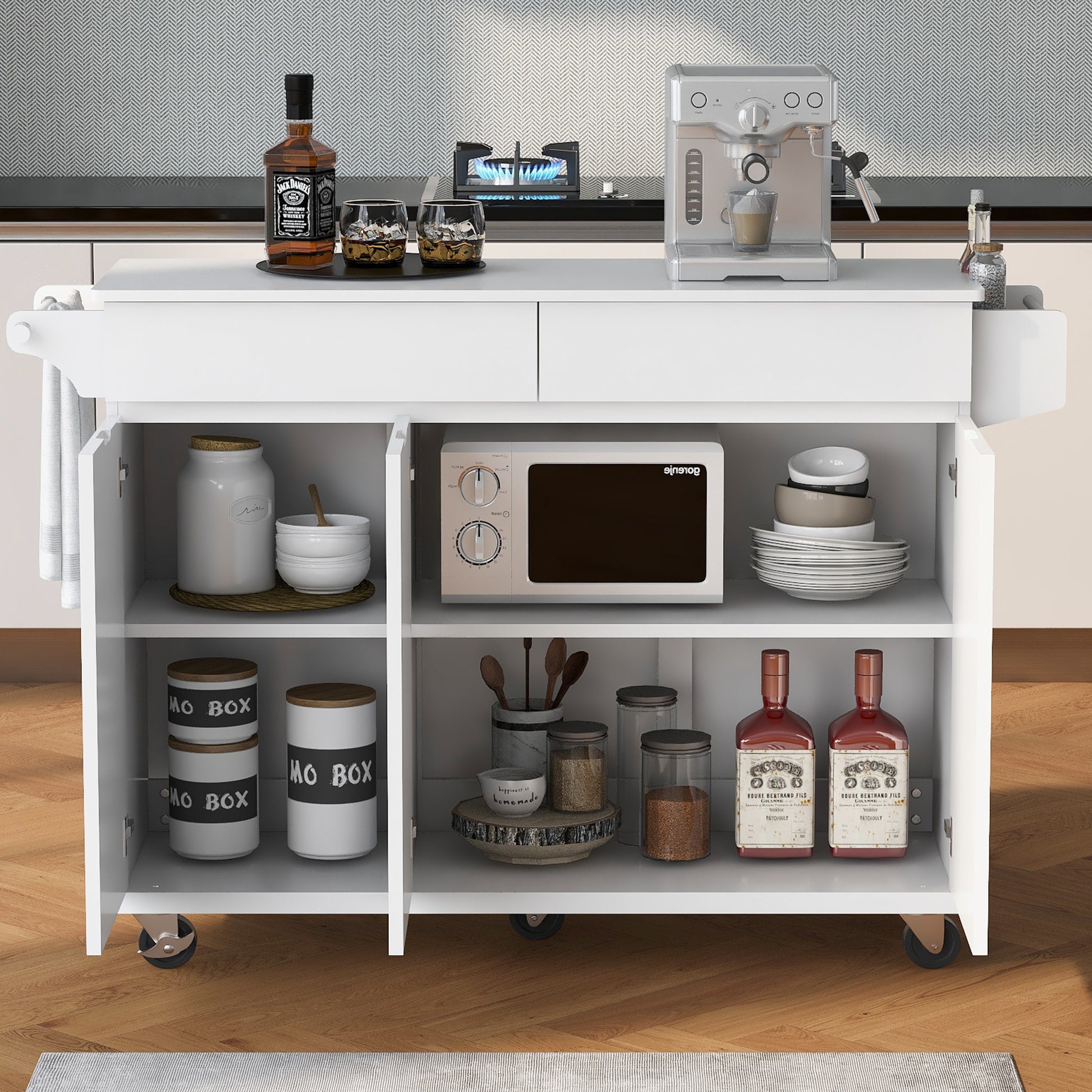 K&K 53.2'' Kitchen Island With Drop Leaf, Kitchen Storage Cart With Spice Rack, Towel Rack And 2 Drawers, Rolling Kitchen Island On Wheels With Adjustable Shelves For Kitchen, Dining Room, White White Brown Kitchen Artsy,Casual,Classic,Minimalist,Modern