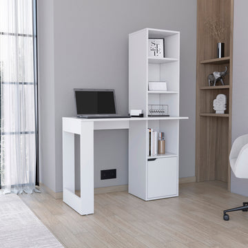 Iowa Computer Desk With 1 Cabinet And 4 Tier Bookcase White Computer Desk Office Modern Freestanding Rectangular Open Storage Desk Rectangular Particle Board Engineered Wood