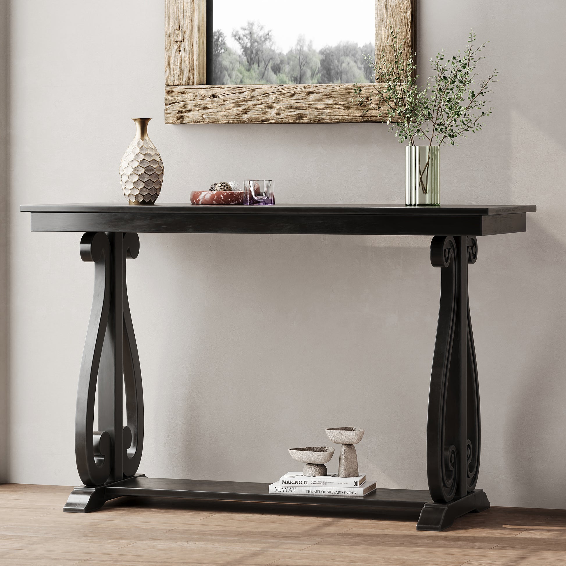 48 Inch Rustic Vintage Console Tablefarmhouse Style Entryway Table With Open Shelf And Sturdy Construction For Entryway And Living Room Black Black Distressed Finish Primary Living Space Antique,Rustic,Vintage Open Storage Console Tables Brushed