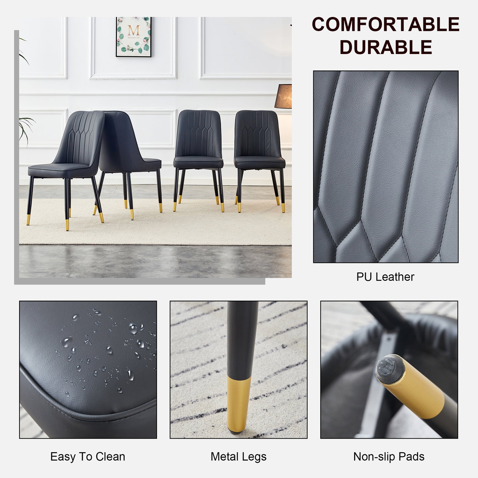 1 Table And 8 Chairs. A Rectangular Dining Table With A White Imitation Marble Tabletop And Black Metal Legs. Paired With 8 Chairs, Equipped With Pu Leather Seat Cushions And Black Metal Legs. F 1538 Black Glass Metal
