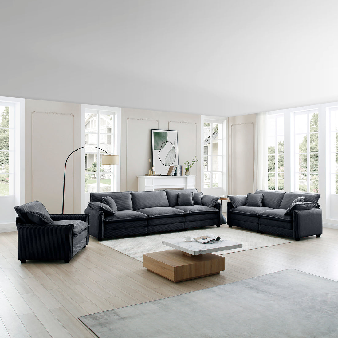 3 Piece Comfortable Oversized Sectional Sofa, One Single Sofa And One 2 Seater Sofa And One 3 Seater Sofa ,Grey Corduroy Deep Seat Sofa Grey Corduroy 6 Seat