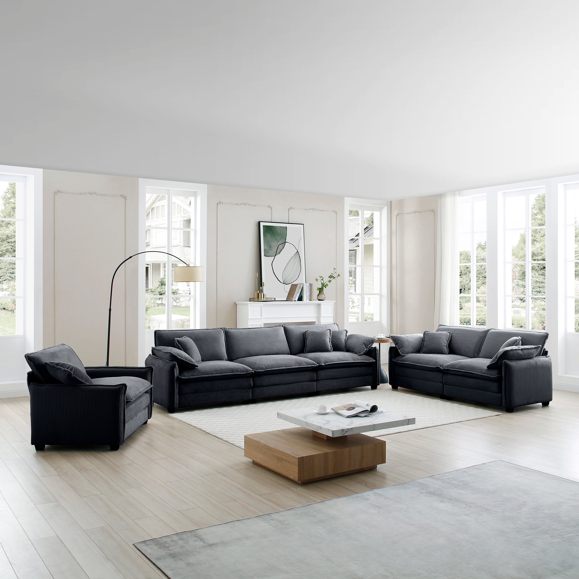 3 Piece Comfortable Oversized Sectional Sofa, One Single Sofa And One 2 Seater Sofa And One 3 Seater Sofa ,Grey Corduroy Deep Seat Sofa Grey Corduroy 6 Seat