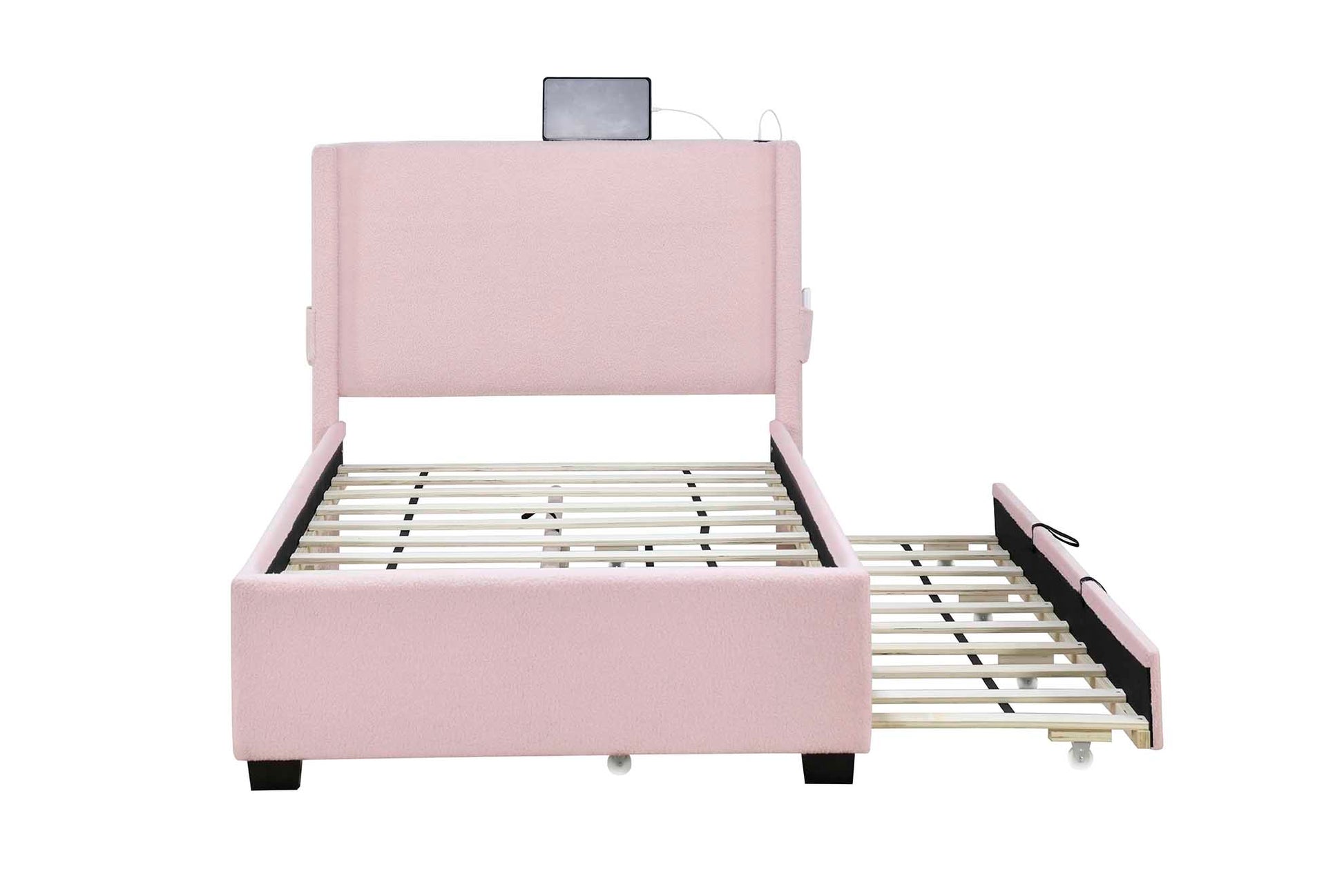 Pink Twin Size Upholstered Bed Frame With Trundle Bed, Teddy Fabric, Usb Functionality, And A Pocket Design On The Side Of The Headboard For Storing Small Items. Pink Is A Girl'S First Choice Box Spring Not Required Twin Baby Pink Wood Espresso Bedroom